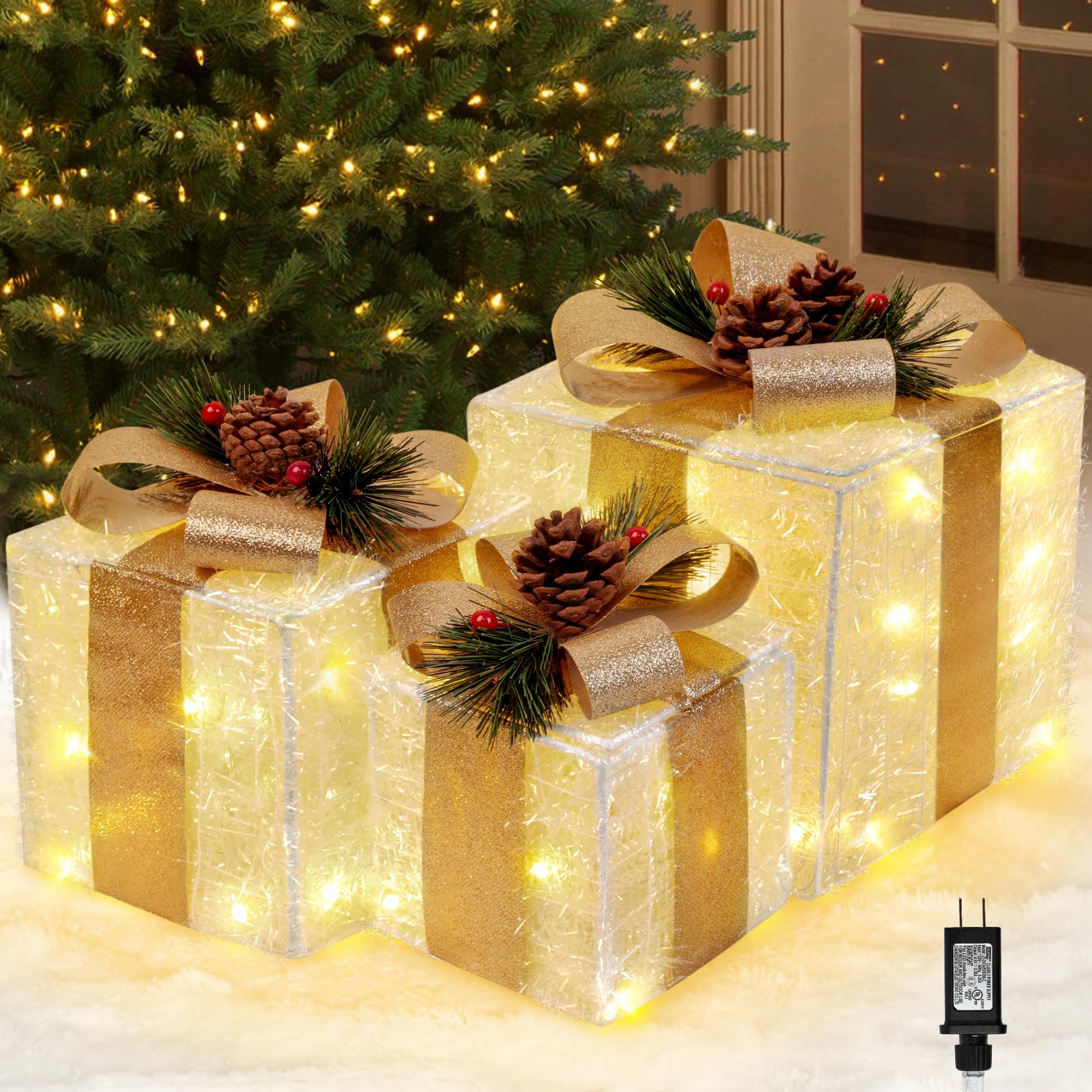Roberly Set of 3 Golden Christmas Lighted Gift Boxes, Pre-lit 70 LED Light Up Present Boxes Decoration Plug in for Indoor Outdoor Christmas Tree, Yard, Home Decor