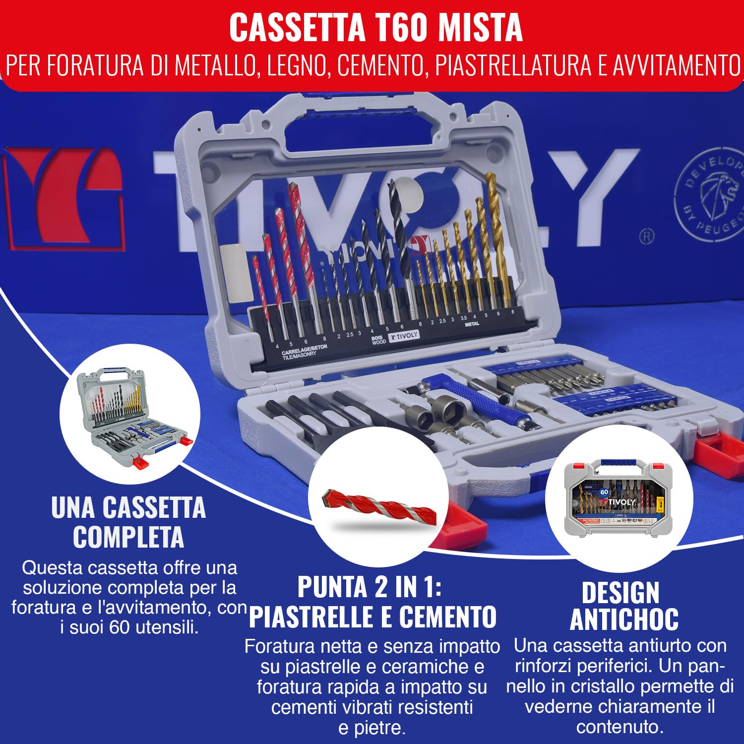 Set di 60 pezzi per la foratura multi-materiale e l'avvitamento TIVOLY