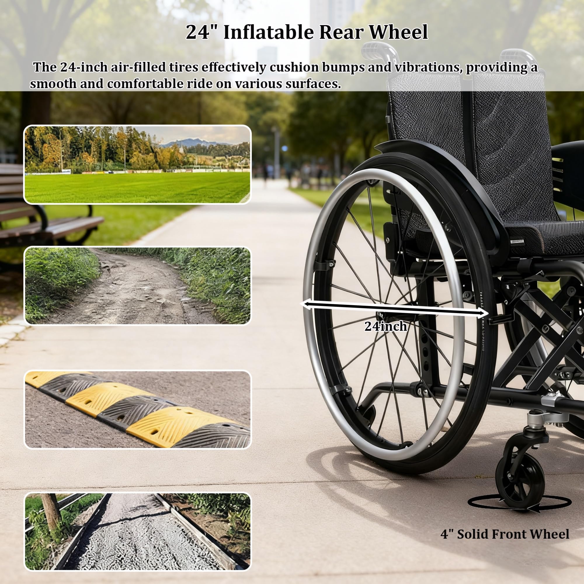Lekki składany wózek inwalidzki, aluminium, hamulec ręczny, zdejmowany podnóżek, hamulce ręczne, do użytku na zewnątrz (zielony, 38 cm/14,9 cala)