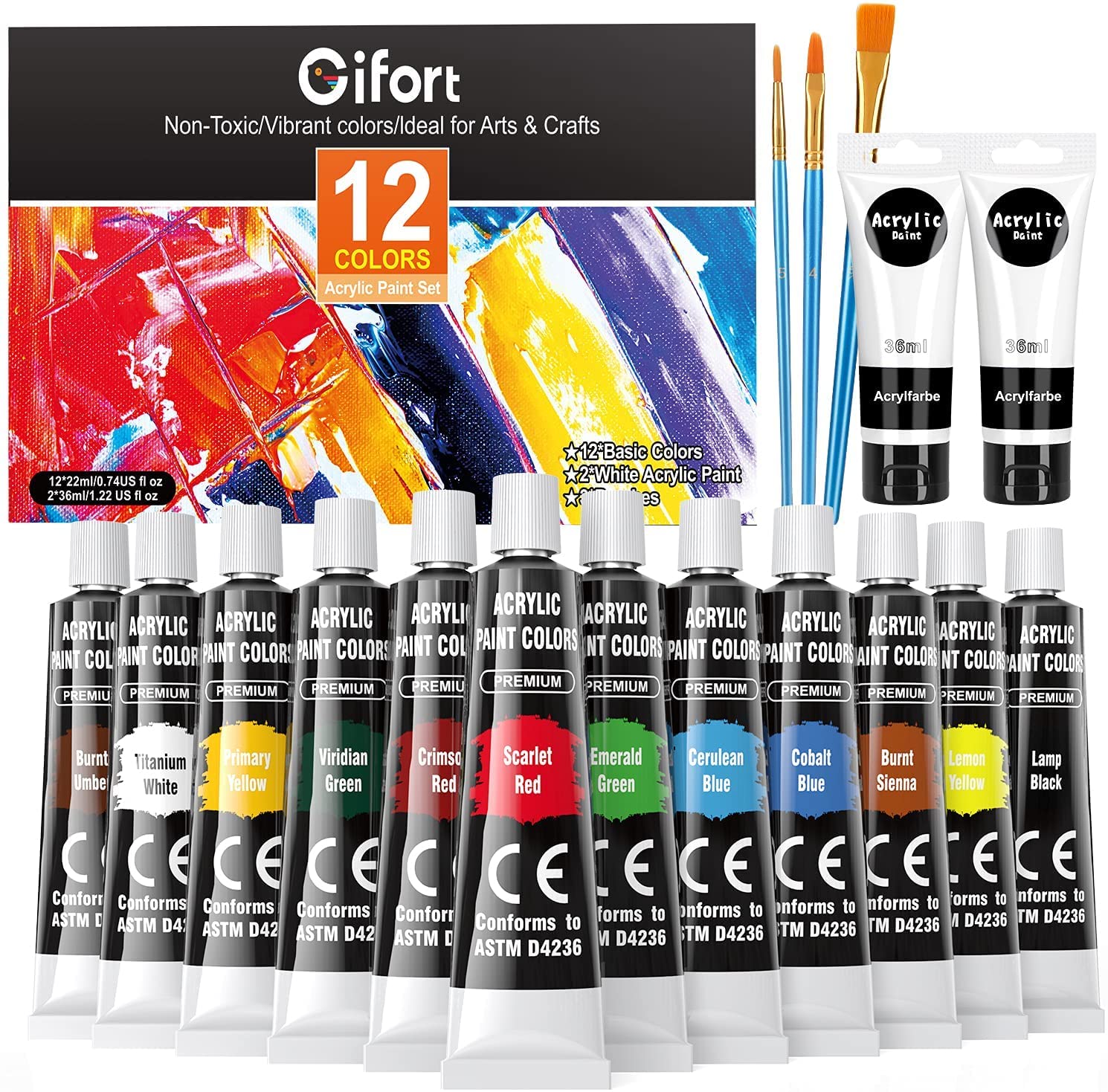 Gifort Acrylic Paint Set, 12 x 22 ml Pigment with 2 x 36 ml White Pigment and 3 Brushes, Creative Acrylic Paint Set Colourful for Canvas, Stone and Wood, Acrylic Paint Set for Students and Artists