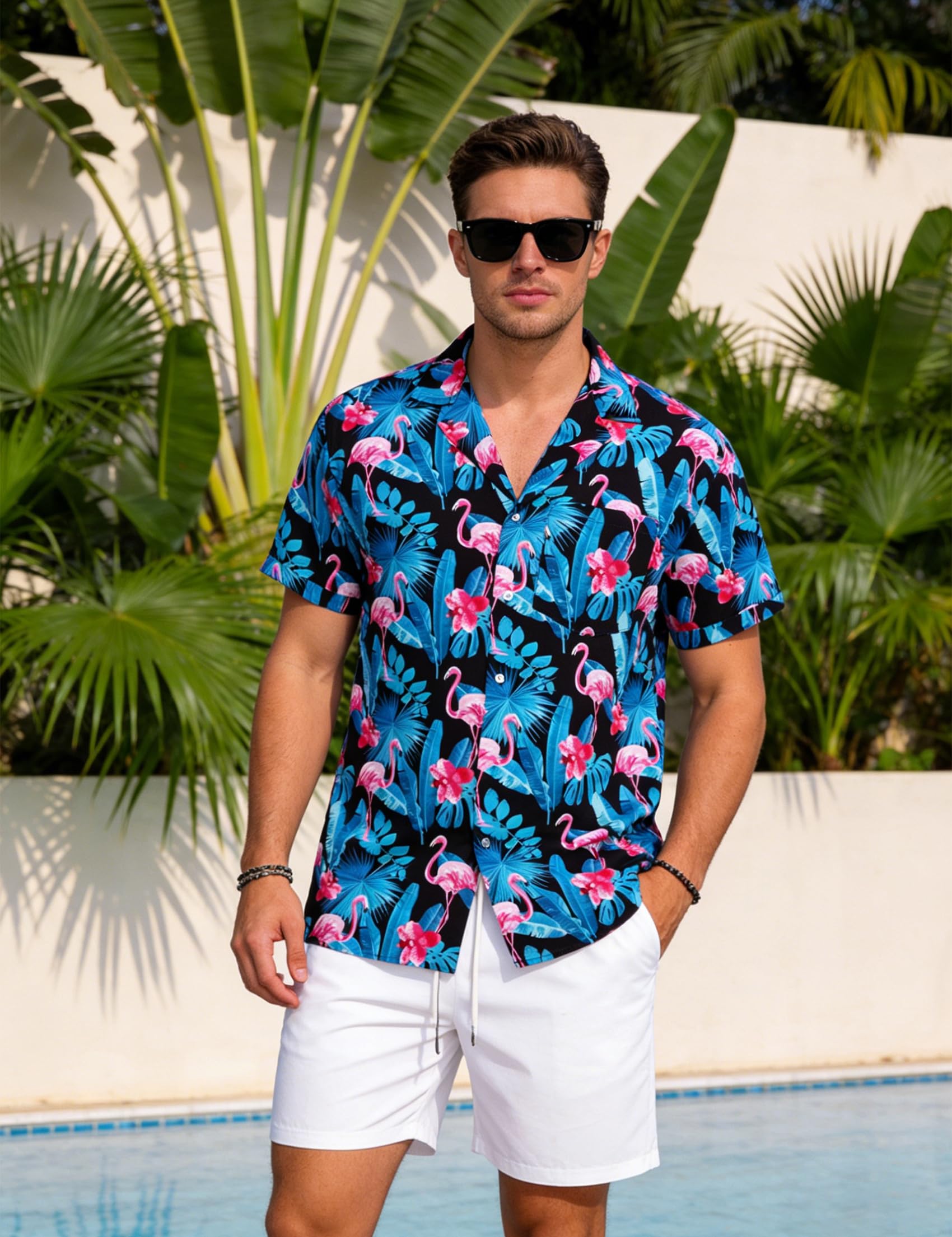 Barry.Wang Camicie hawaiane da uomo con stampa floreale classica casual tropicale spiaggia festa vacanza camicia a maniche corte