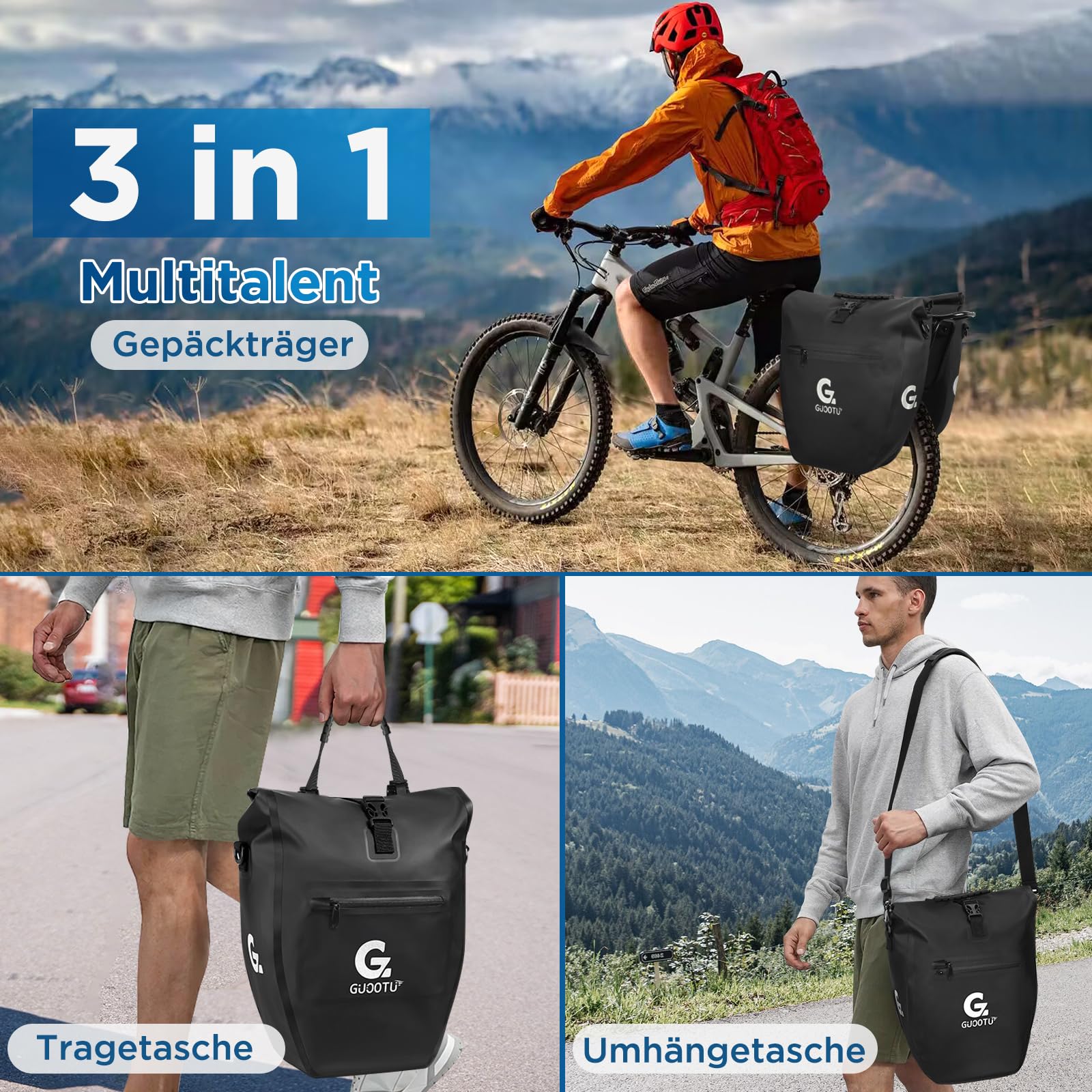 GUOOTU Lot de 2 Sacoches de vélo pour porte-bagages 64L, en toile de bâche Sacoche arrière pour porte-bagages avec réflecteurs, avec poignée de transport et bandoulière (Noir 32L, lot de 2)