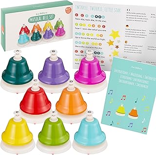 THE TWIDDLERS Colourful 8-note hand bell set with music book and gift box - rainbow coloured hand bell music, musical early education for babies and children