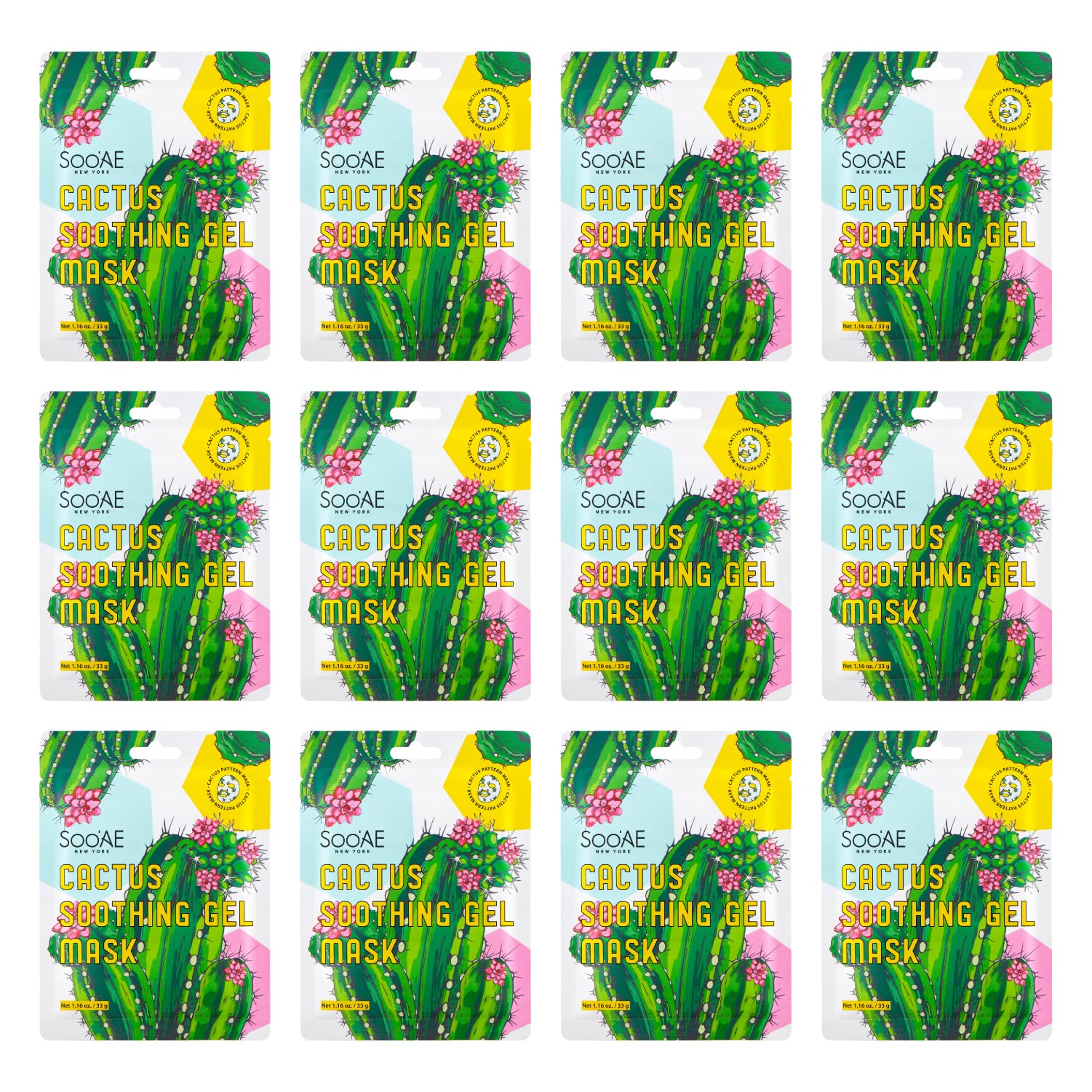 SOOAE Cactus Soothing Gel MASK 12 EA Aloe Cactus Hydration Soothing Moisturizing Plumping Facial Mask