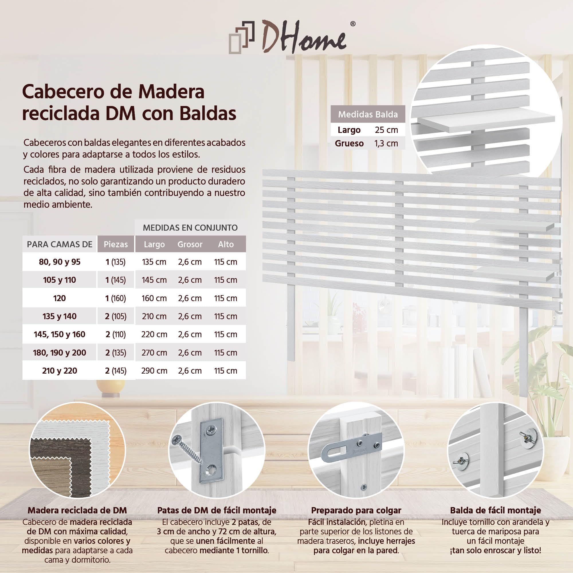 DHOME Cabecero con Estantes de Madera reciclada DM con Patas Colgante Pared Estilo Palet Cama Vintage Nordico Herrajes incluidos (Estilo Japones, Blanco Madera, 135cm)