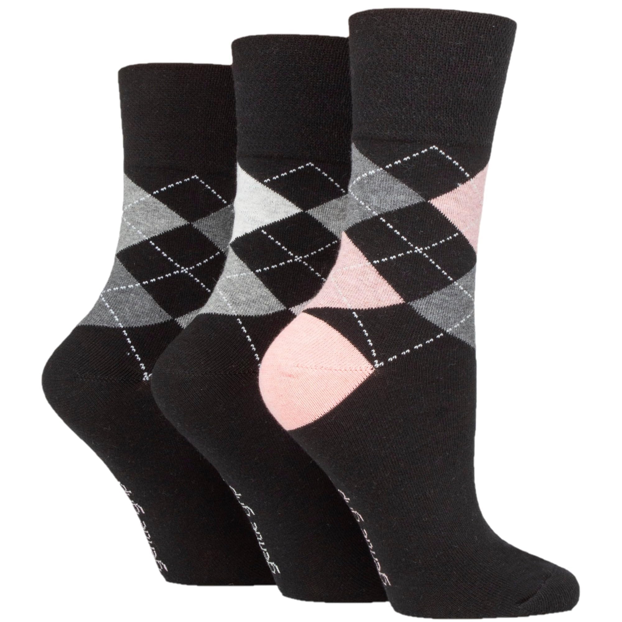 Gentle Grip Ladies 3 Pair Argyle Patterned Cotton Socks Argyle Black 4-8