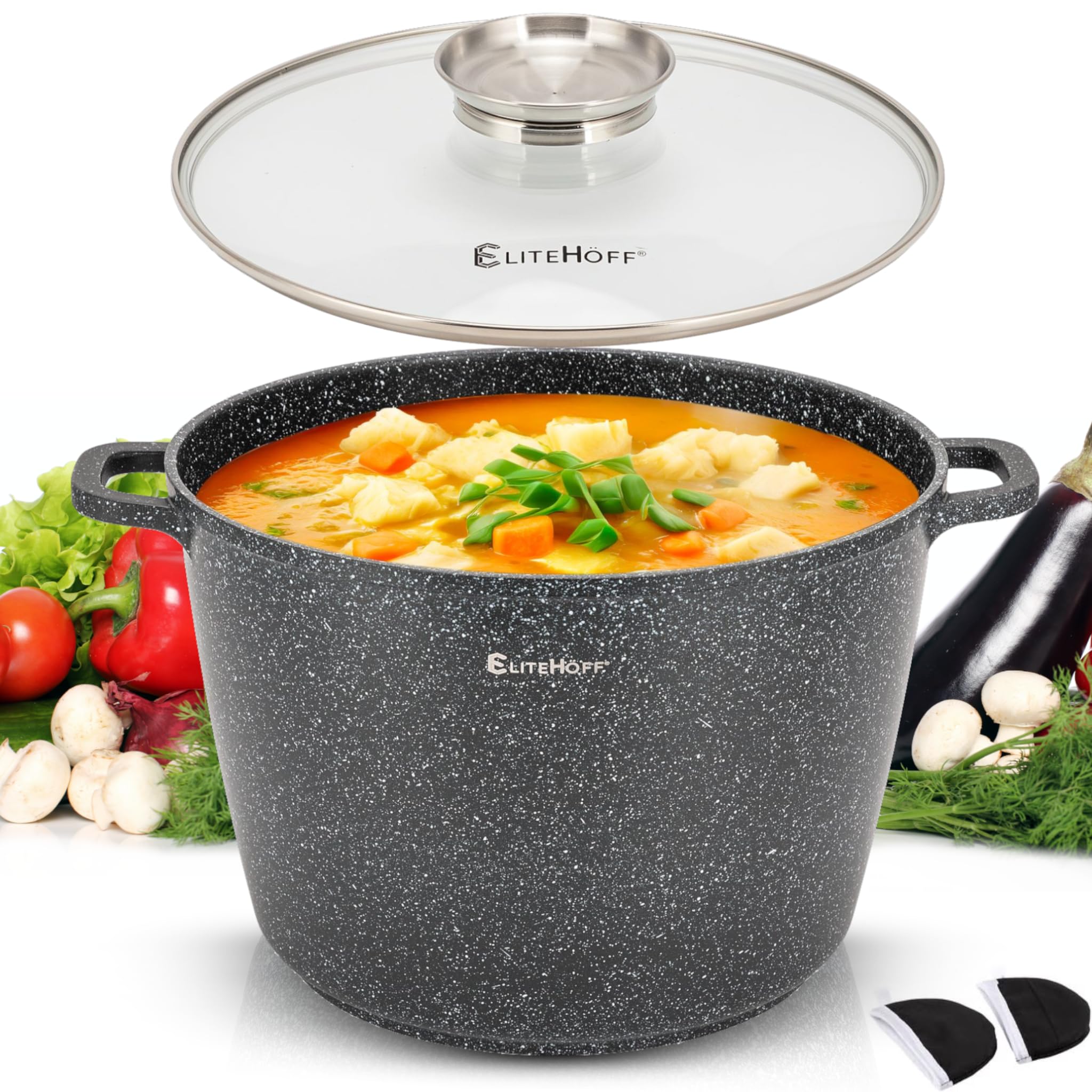 Olla de Cocina Antiadherente EliteHoff con Tapa, Olla de Aluminio para Sopa, Gran Olla de Mármol para Inducción, Olla de Inducción para Todo Tipo de Cocinas (Negro, 10L Ø 28cm)