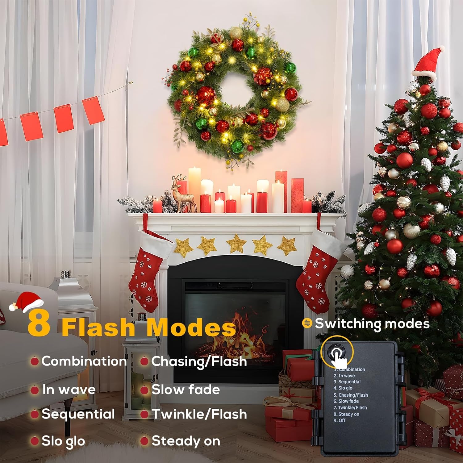 Avoalre Weihnachtskranz 40cm 40LEDs Lichterketten Timer Batteriebetrieben Künstlicher Kranz 8 Modi Innen Weihnachtsdeko mit Christbaumkugeln Türkranz für Weihnachten Fenster Tür | Künstlicher Kranz 8 Modi Innen Weihnachtsdeko mit Christbaumkugeln Türkranz