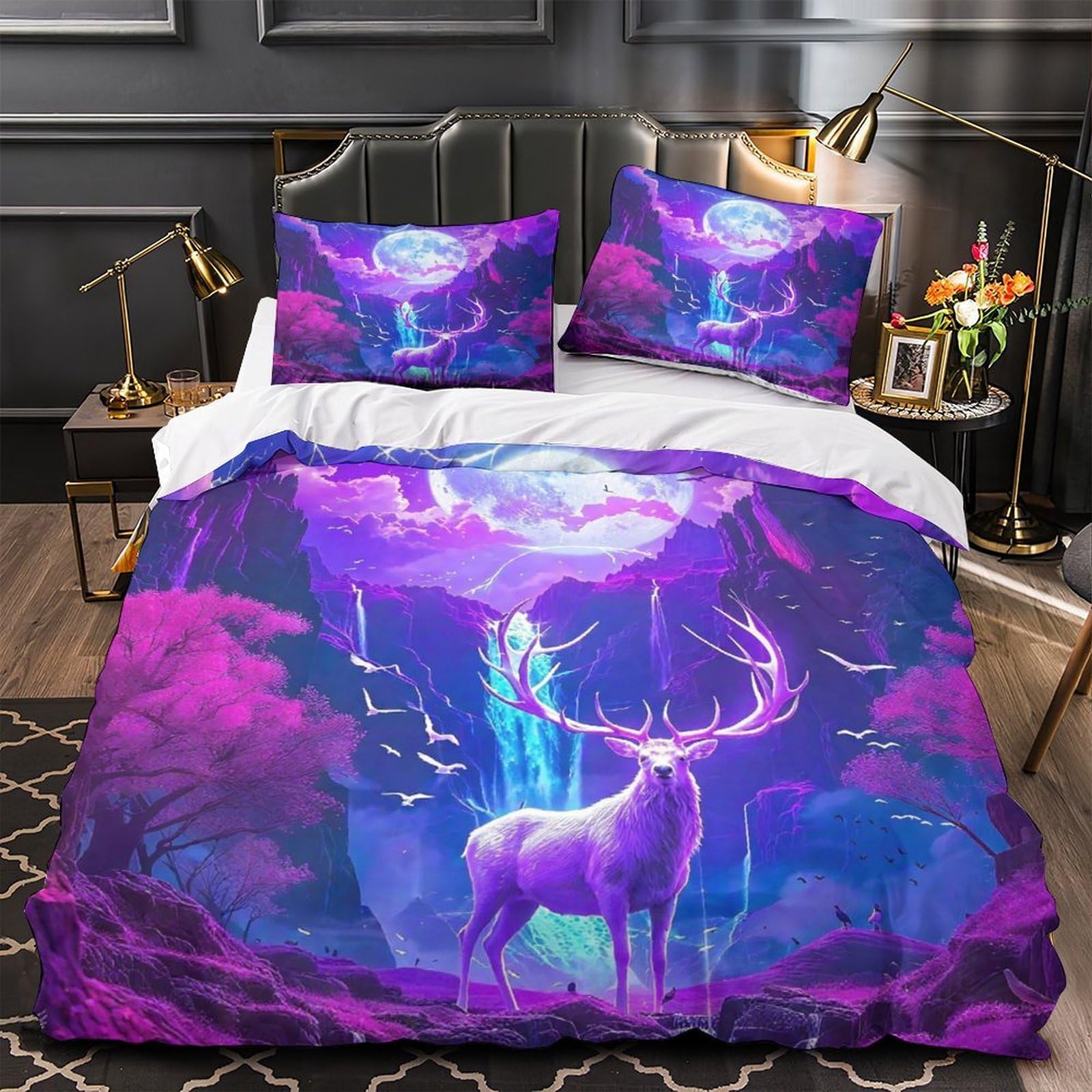 Parure de lit cerf 3D Super King 260x220 en microfibre avec taies d'oreiller