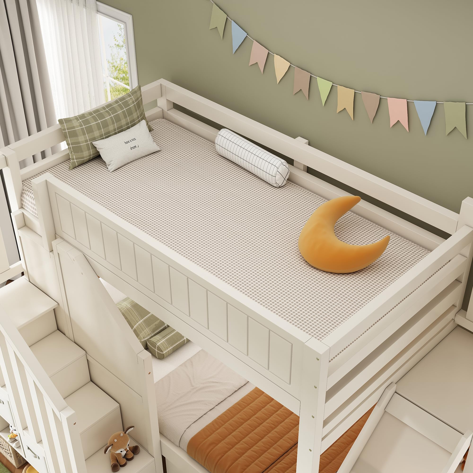 Letto a castello per bambini, 90 x 200 cm, scivolo, armadietto a scale, cassetti grandi, scaffale aperto, bianco, rete a doghe, sicurezza, ideale per famiglie con più bambini, senza materasso