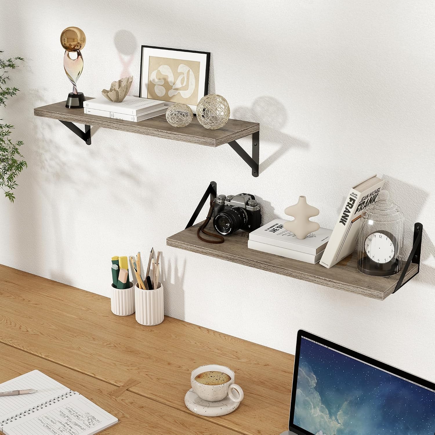 Floating Shelves 8 Inch Deep, 24W x 8D Wall Shelf Set of 2, 50 lbs Heavy Duty Reversible Metal Brackets, Industrial Book Shelf for Living Room Kitchen Bathroom Bedroom Gallery Wall, Grey image 2