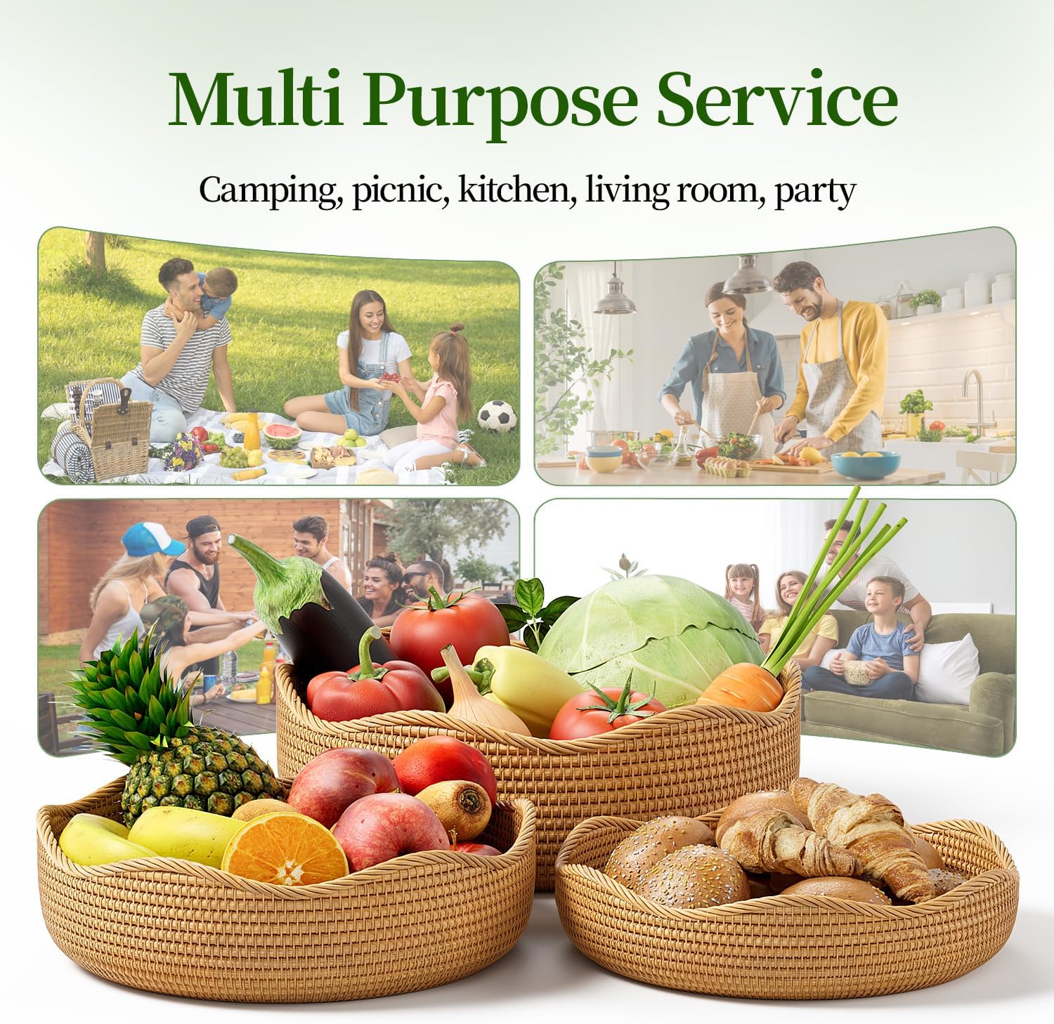 Rattan Bread Basket, 3 Pack Hand Woven Round Fruit Baskets for Serving, Picnic Basket, Wicker Storage for the Living Room Kitchen (Honey Brown)