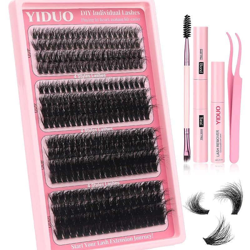 Kit de cílios em tufos YIDUO 40D+60D+80D+100D, 10–16 mm, 308 unidades com cola e selante, pinça, removedor e escova