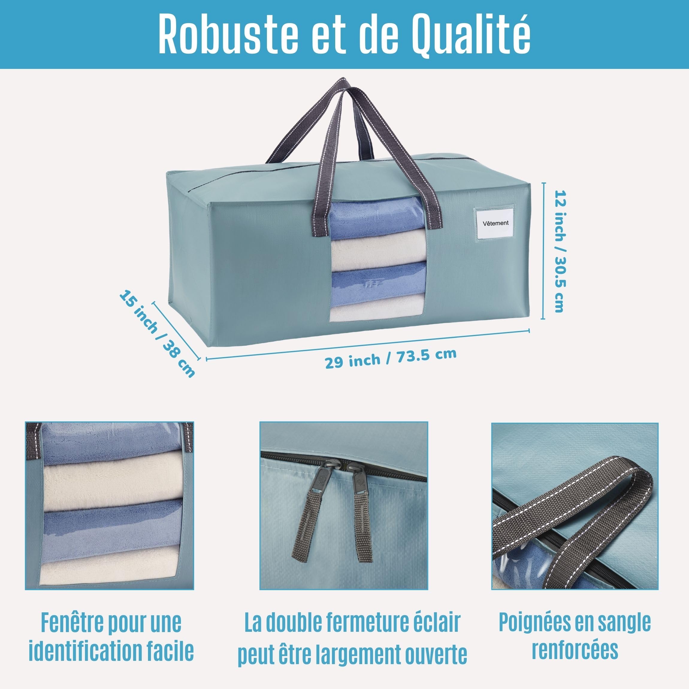 VENO Lot de 10 Sac Demenagement XXL (87L) avec Fenêtre de Visualisation et Poignées Solide, Sac de Rangement, Alternatives aux Cartons de Déménagement pour Vêtements et Literie (Bleu Clair)