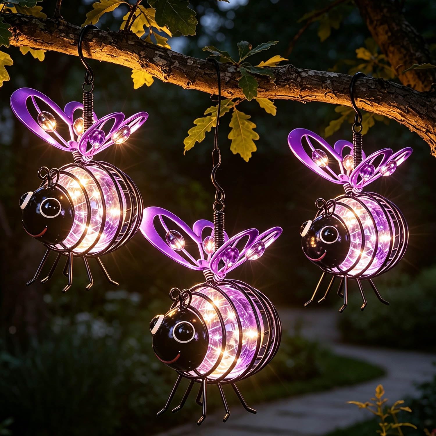 Solar-Powered Hanging Bee Light for Garden, 4-Pack Metal Glow Lanterns with Spring Hook, Flicker-Free Auto Sensor Outdoor Decor for Patio, Yard, Balcony & Tree Branches (3*Purple)
