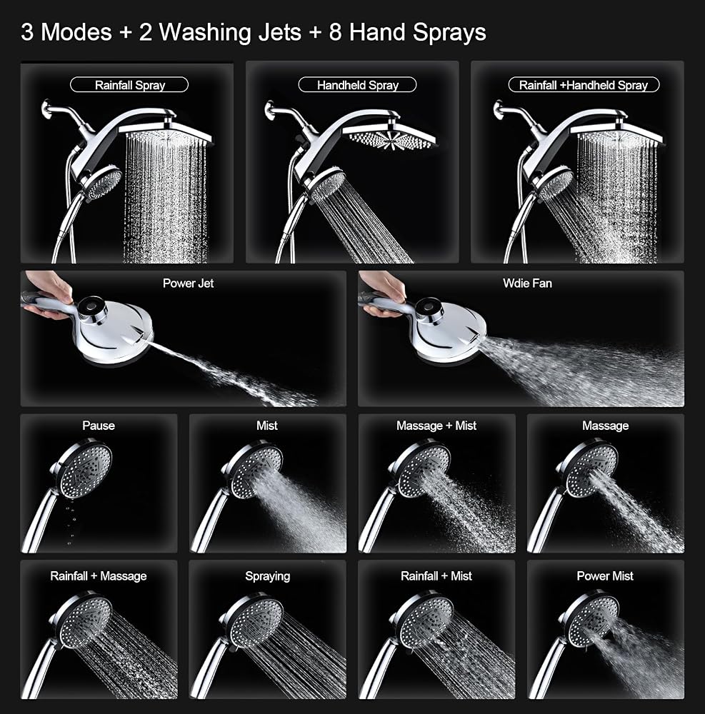 High Pressure Rain Shower Head: Upgrade Shower Heads with Handheld Spray Combo with Fixed Showerhead and 10 Sprays Handheld Shower Head, Detachable Shower head Built-in Magnetic Docking and Power Jets