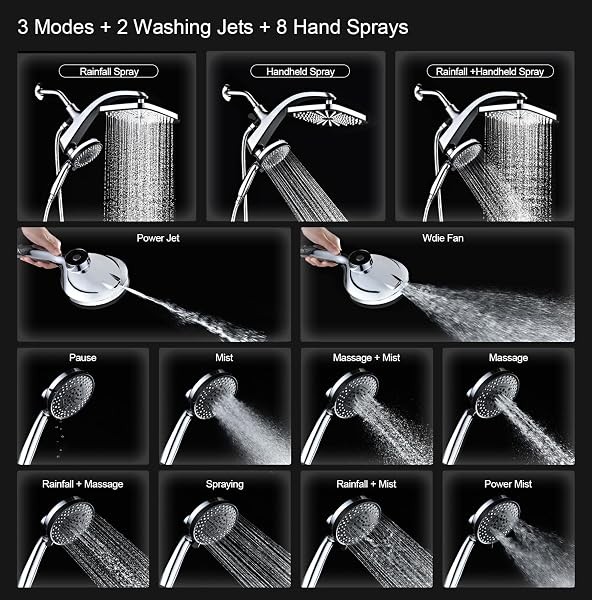 BOZYBO High Pressure Rain Shower Head: Upgrade Shower Heads with Handheld Spray Combo with Fixed Showerhead and 10 Sprays Handheld Shower Head, Detachable Shower head Built-in Magnetic Docking and Power Jets in use