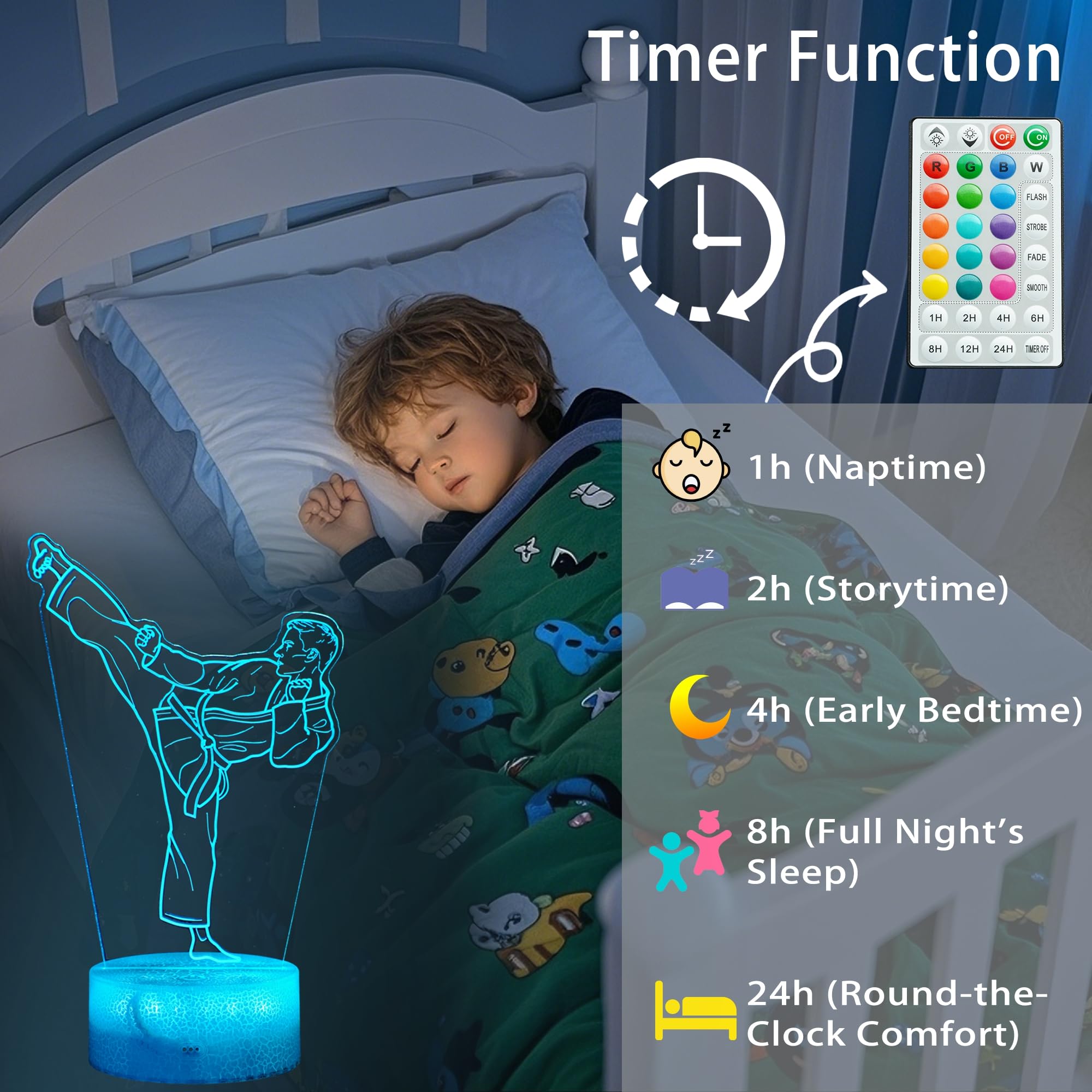 Luce notturna per karate, regali per karate, lampada a illusione 3D di Taekwondo con 16 colori cangianti, telecomando e timer dimmerabile, decorazione per la camera di bambini e bambine