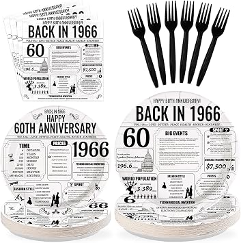 96 Pcs 60th Anniversary Party Black White Decorations, Serves 24