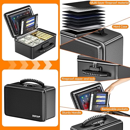 Miniatura 4 de ENGPOW Caja de dinero ignífuga, pequeña caja rígida ignífuga con cremallera y bloqueo ignífugos, 6400 F con aislamiento térmico resistente al agua