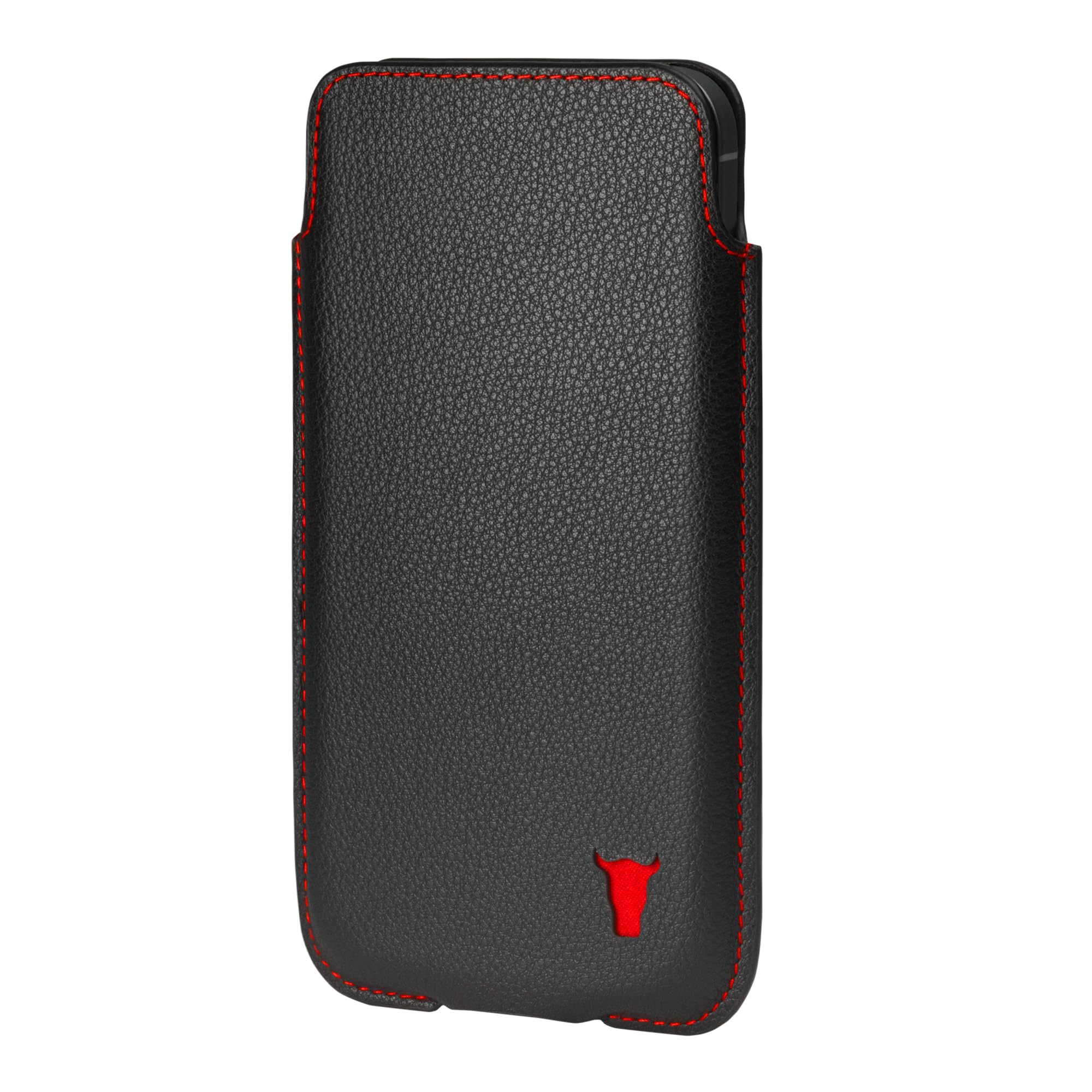 TORRO Leather Pouch Case Compatible with iPhone - 6.1 Inch Screen Size - Genuine Leather Pouch Cover, Slim and Lightweight (Black with Red Detail)