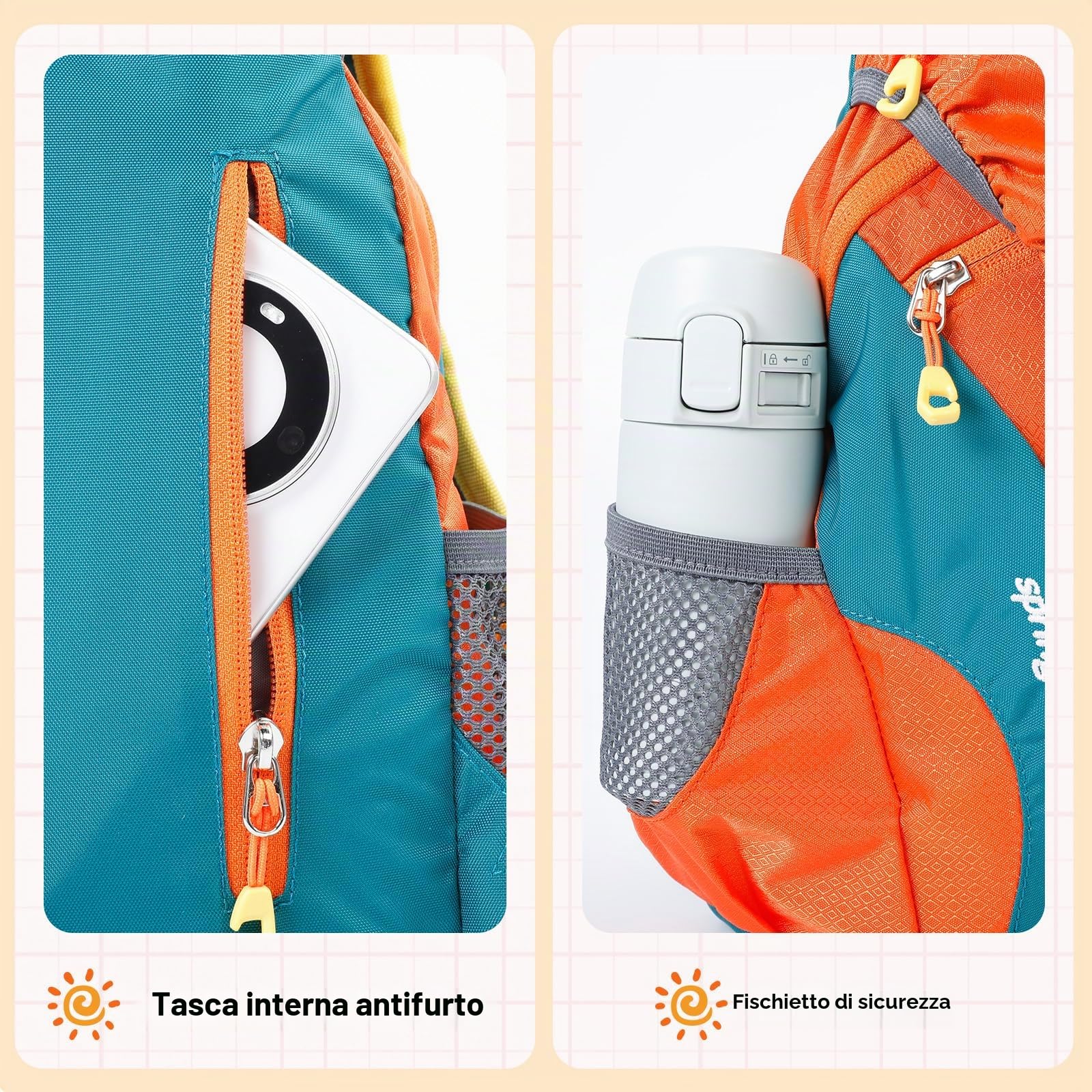 Cozary Zaino per Bambini All'Aperto, 5L Impermeabile Sportivo Adatto, Confortevole Zaino da Trekking per 1-3 Bambini, Design Traspirante, per Scuola, Viaggio e Sport, Arancione