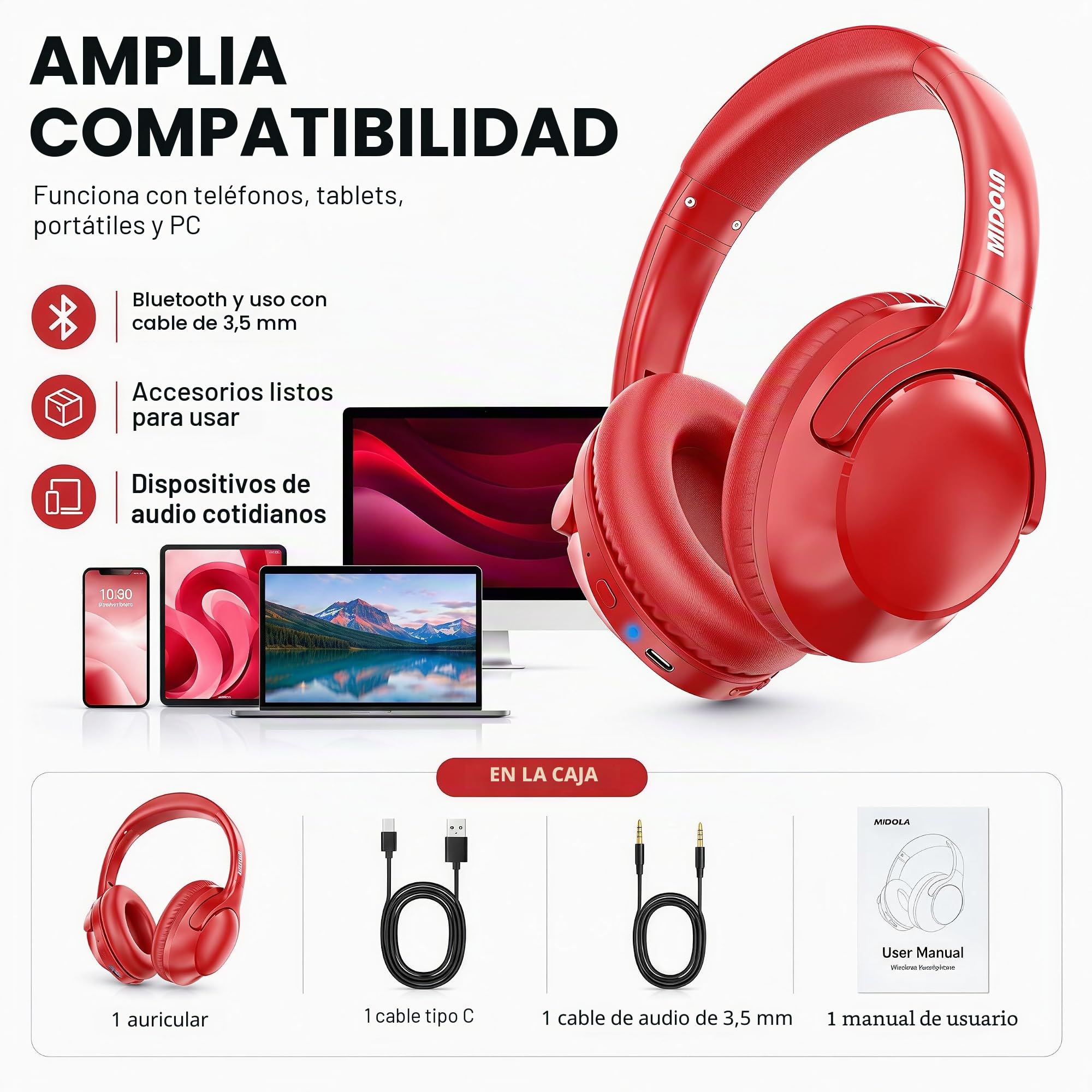 MIDOLA Auriculares Bluetooth sobre la oreja 68H Tiempo de reproducción 6 EQ Auriculares inalámbricos con micrófono HiFi Estéreo Plegable Ligero Deep Bass para Viajes Casa Oficina Teléfono Celular Rojo