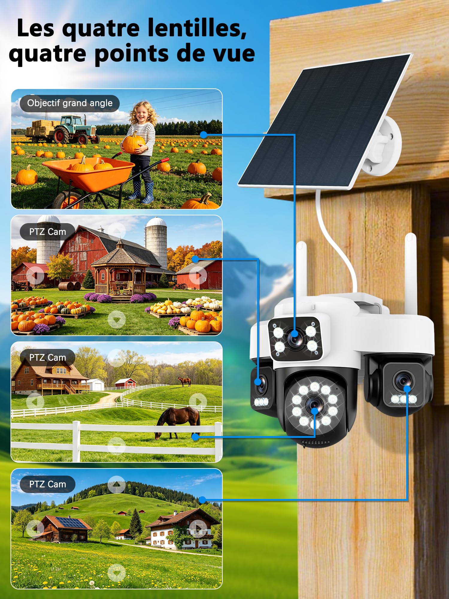 4G LTE - Telecamera di sorveglianza solare con scheda Sim,4 obiettivi, AOV 24/7,4K HD Telecamera esterna senza fili inclinabile a 355°/90°, Solare fotocamera+Batteria, visione notturna, rilevamento