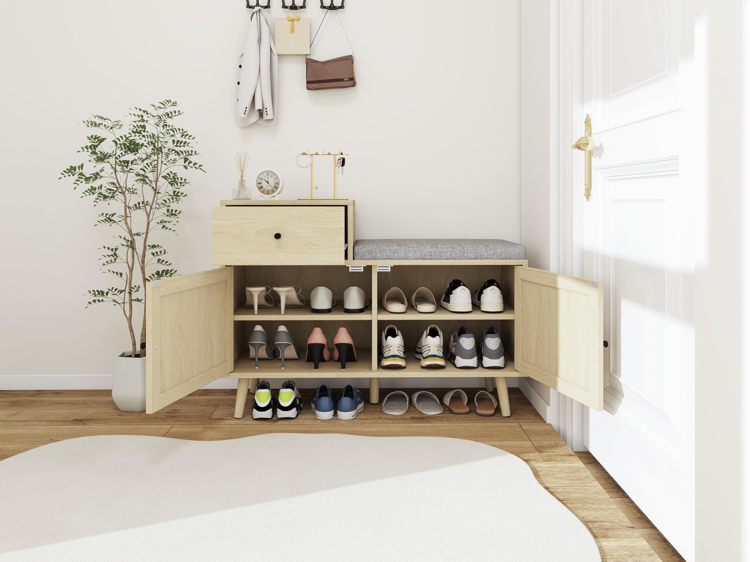 ZeHuoGeLarge Rattan Shoe Storage Bench with 2 Doors 1 Drawer, Freestanding Cane Shoe Organizer with Upholstered Bench, Entryway Floor Cabinet