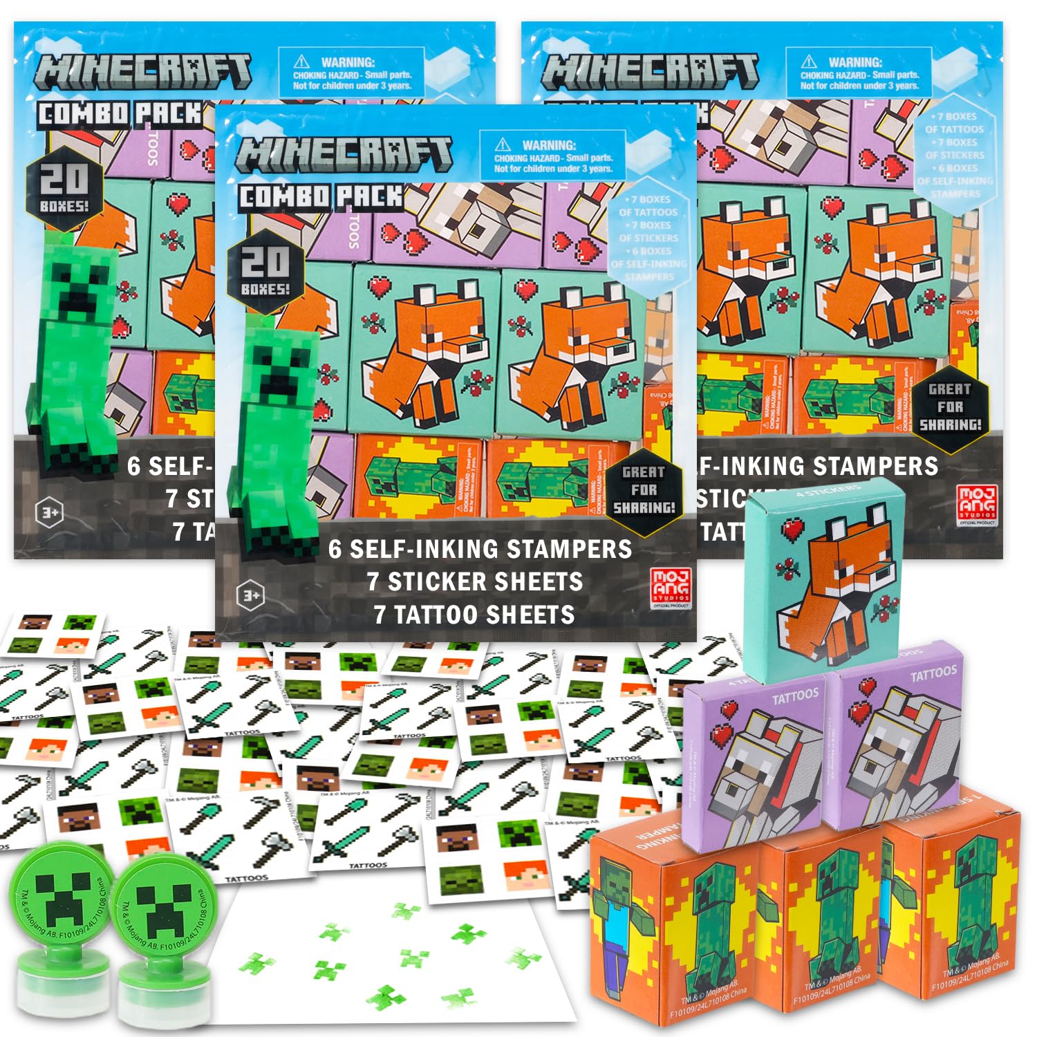 Minecraft Partygeschenk-Set ~ Bündel mit 60 Stück Minecraft Geschenkboxen mit Aufklebern, Tattoos und Stempeln für Kindergeburtstagsparty | Minecraft Klassenzimmer Preisboxen