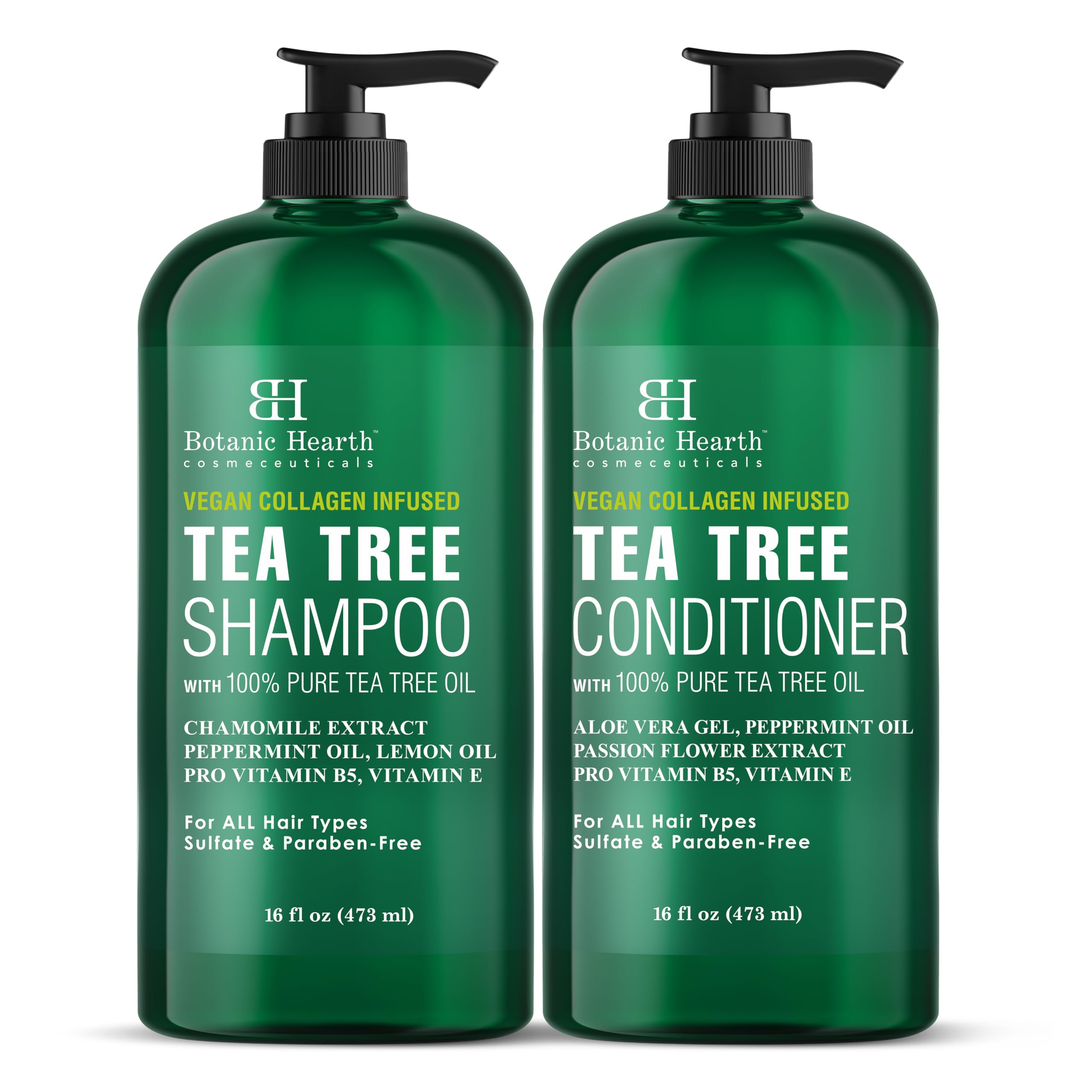 Botanic Hearth Vegan Collagen Infused Tea Tree Shampoo and Conditioner Set, 16 fl oz each - Sulfate Free, Paraben Free - For Itchy and Dry Scalp - Men and Women