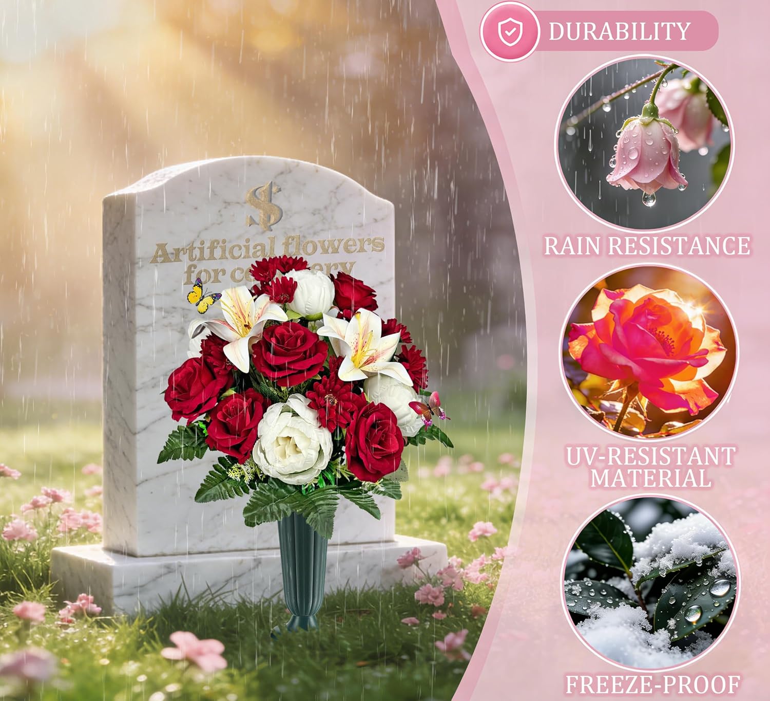 Artificial Cemetery Flowers for Grave，Gravesite Flowers with Vase for Tombstone,Bright and Vibrant Red Rose Lily Hibiscus