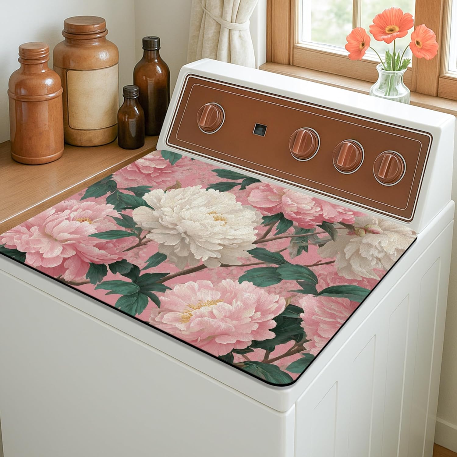 Peony Washer Dryer Top Protector Mat, Elegant Vintage Floral Washing Machine Top Cover, Spring Rubber Anti-slip Waterproof Washer And Dryer Mats for Laundry Room 20x24 Inch
