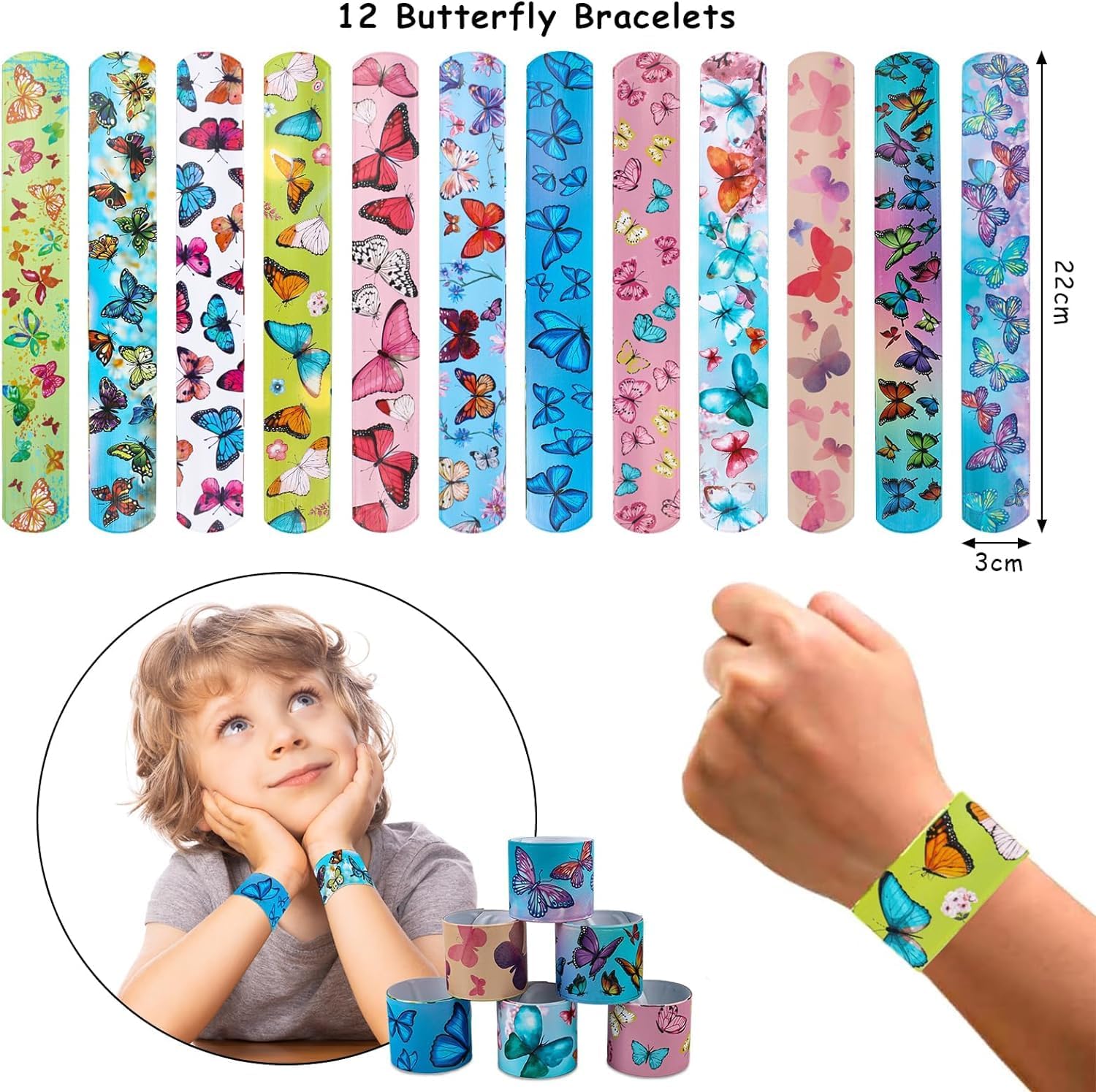 Set di Articoli per Feste con Farfalle, 48 Pezzi per Feste di Compleanno Bambini, Sacchetti Regalo con Farfalle, Braccialetti Snap, Portachiavi, Adesivi, Regali per Feste di Compleanno