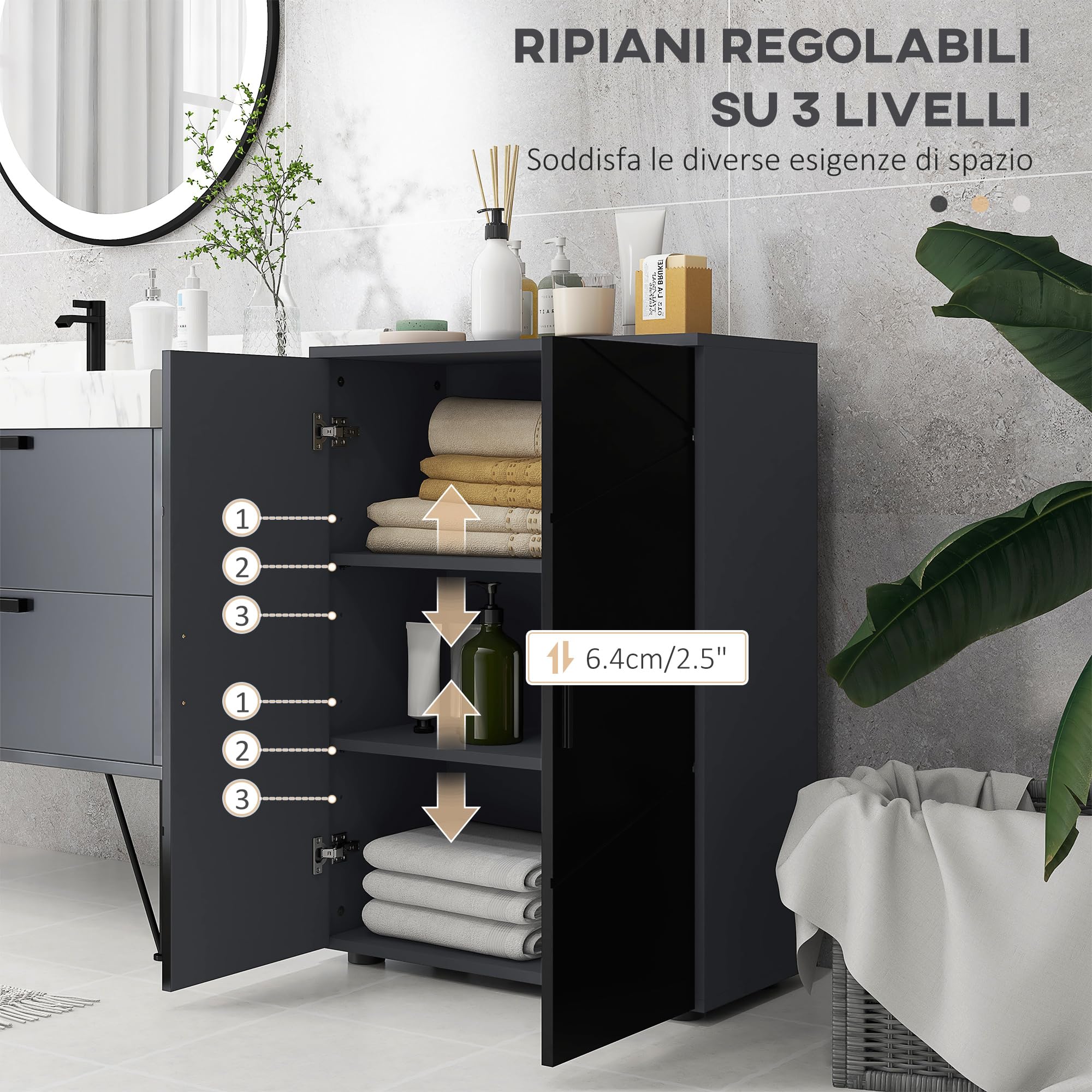 kleankin Mobile Bagno Salvaspazio in Legno 2 Ante 60x30x82cm Nero Lucido | Armadietto Bagno, Chiusura Soft Close, 3 Ripiani