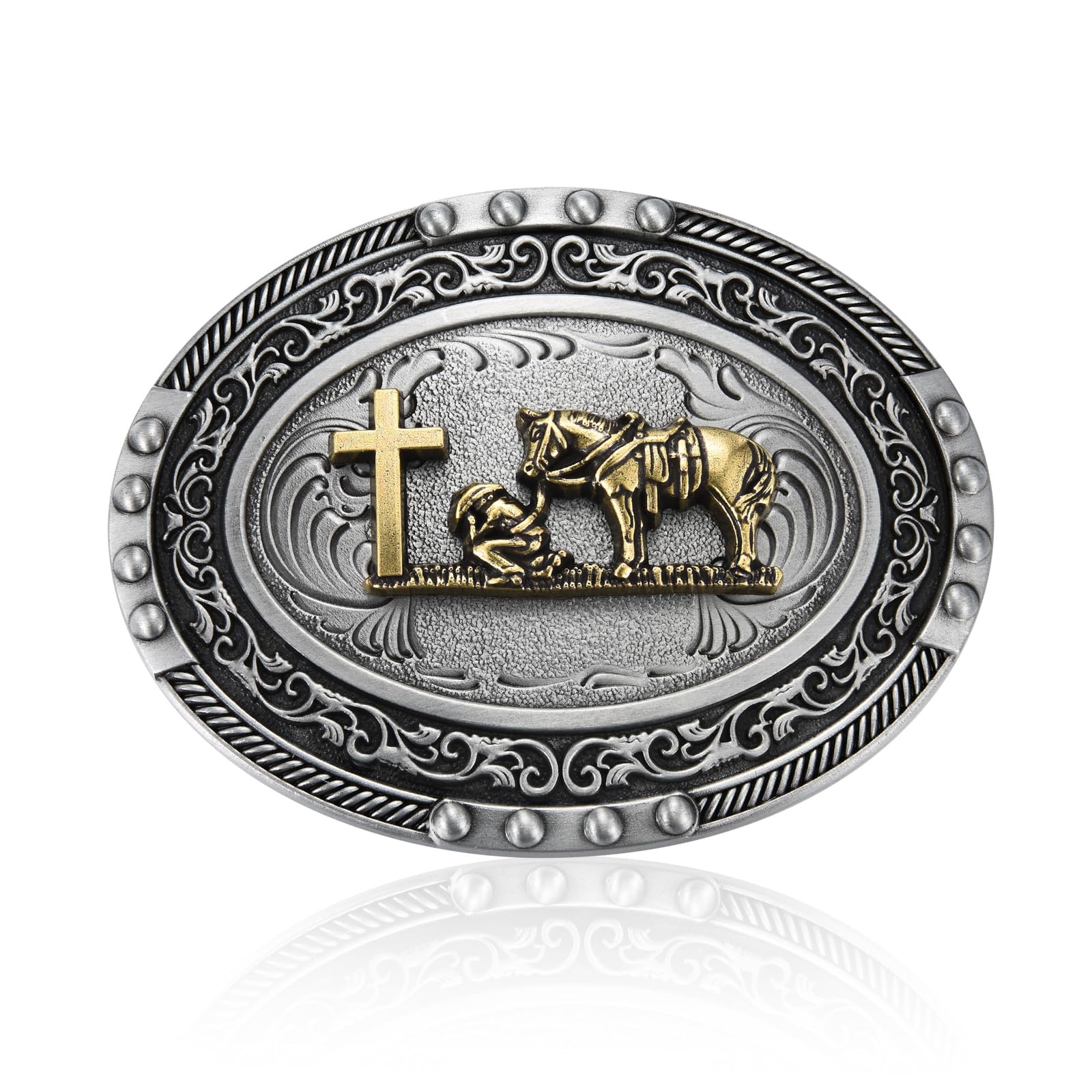 BBOTEN Western Belt Buckle for Men, Cross Prayer Rodeo Cowboy Belt Buckle, Oval Belt Buckles Mens