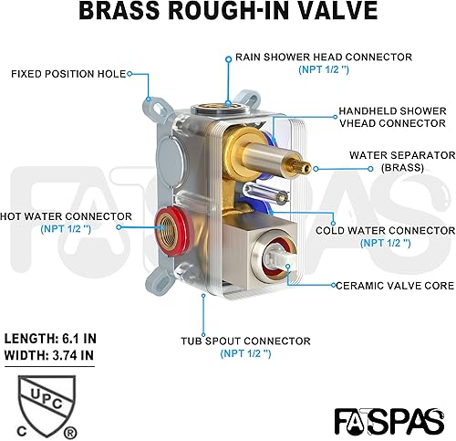 Miniatura 13 de Sistema de ducha con boquilla de bañera, juego de grifo de ducha con cabezal de ducha de lluvia de 12 pulgadas, ducha de mano y boquilla de bañera