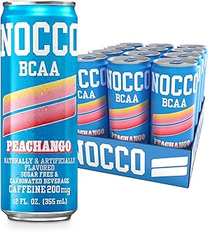 NOCCO BCAA Energy Drink PEACHANGO - 12 Fl Oz (Pack of 12) - 200mg of Caffeine, Sugar Free Energy Drinks - Carbonated & Low Calorie, BCAAs, Vitamin B6, B12, & Biotin - Grab & Go Performance Drink