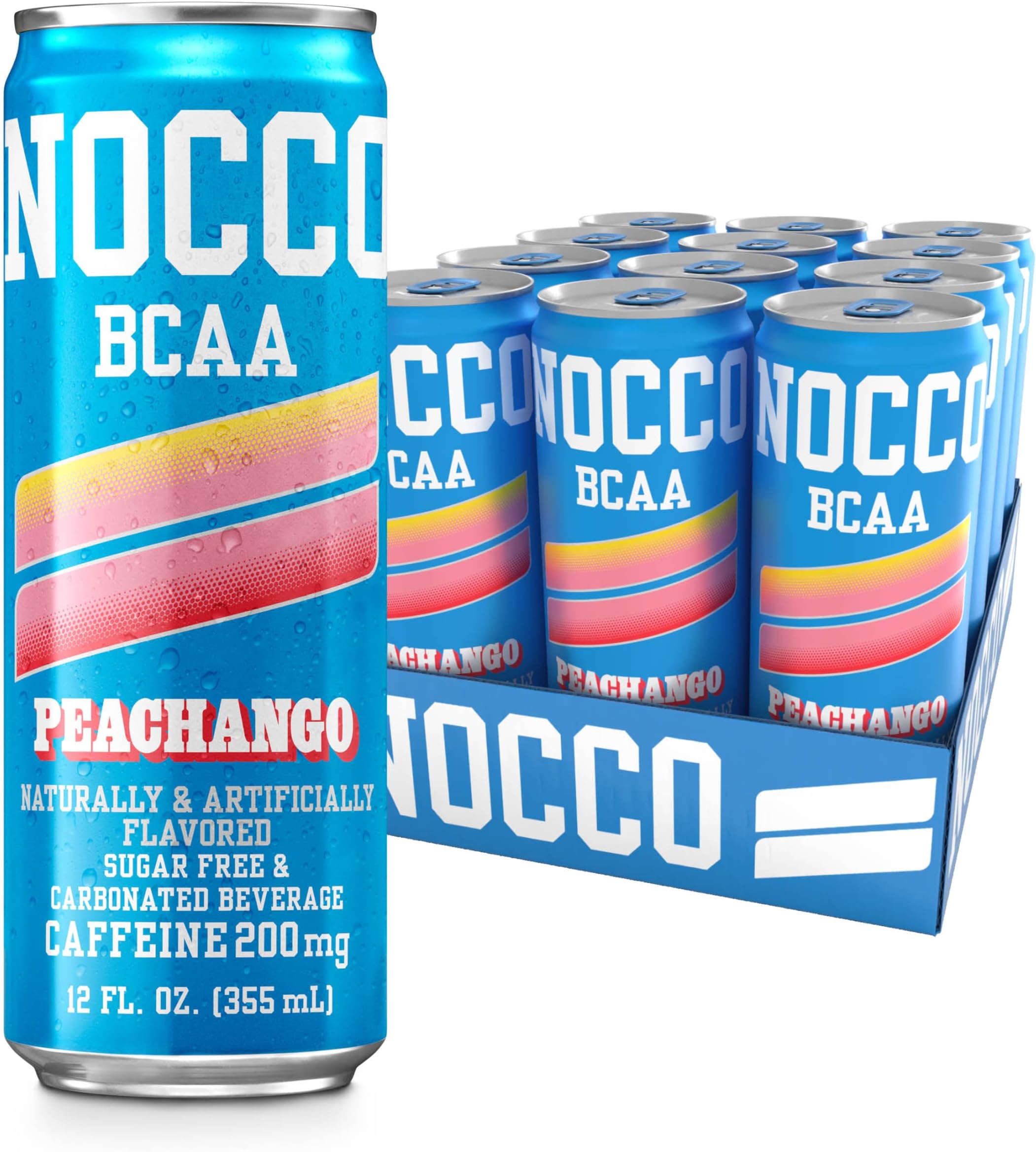 NOCCO BCAA Energy Drink PEACHANGO - 12 Fl Oz (Pack of 12) - 200mg of Caffeine, Sugar Free Energy Drinks - Carbonated & Low Calorie, BCAAs, Vitamin B6, B12, & Biotin - Grab & Go Performance Drink