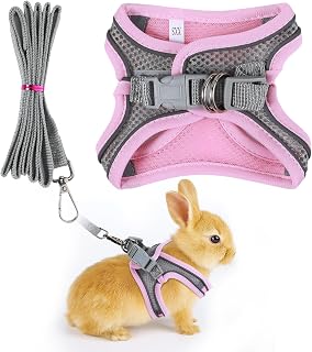 Bunny Harness and Leash Adjustable Bunny Harness and Leash Set, Breathable Pet Vest, Small Dog Harnesses, Small Kitten Puppy Rabbit Walks Accessories, with Reflective Strips, Pink and Grey