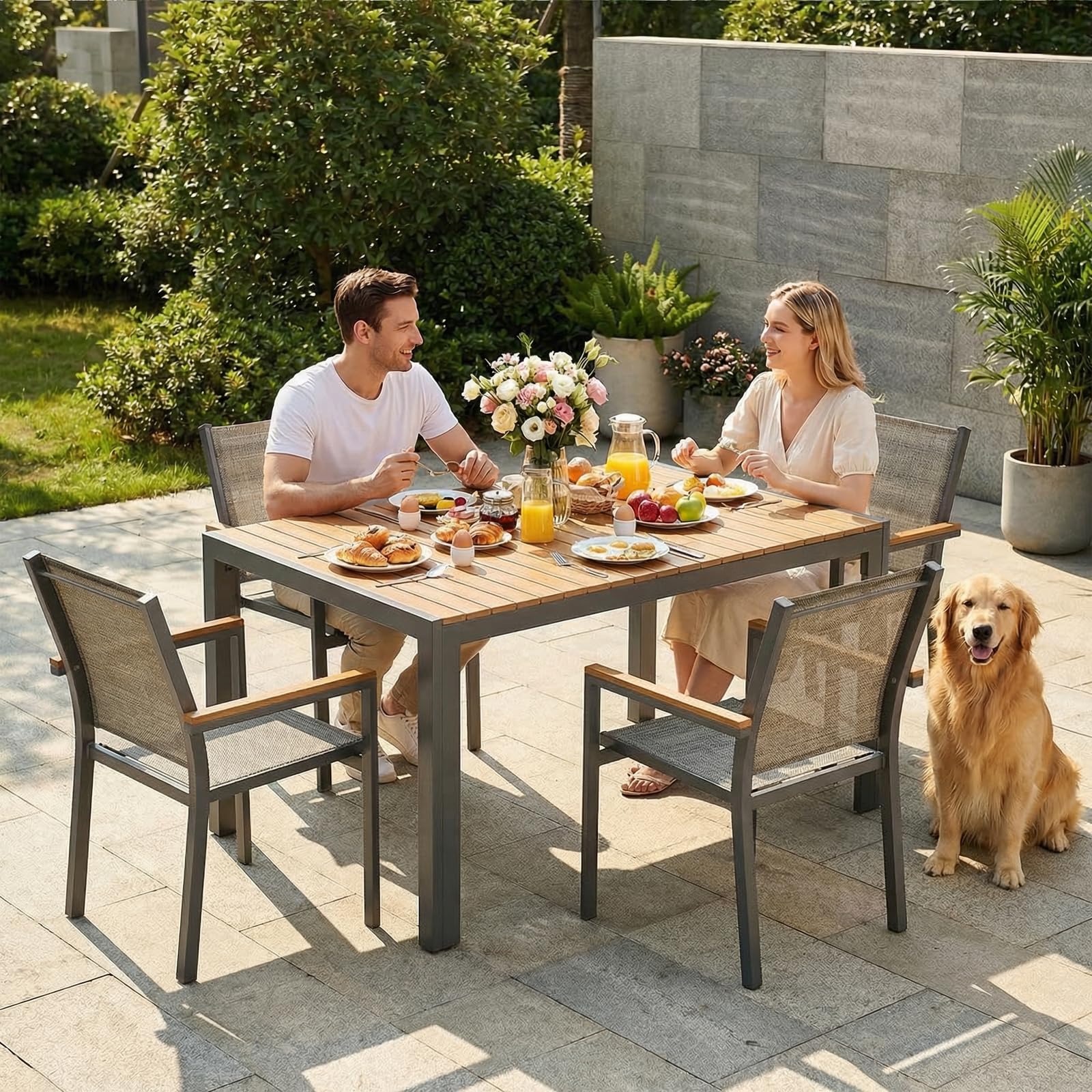 LIFERUN Krzesła ogrodowe, zestaw 2 sztuk, aluminium, możliwość układania w stos, tekstylne, poręcz WPC, krzesła balkonowe, na taras, balkon, taras, basen, do restauracji, odporne na warunki