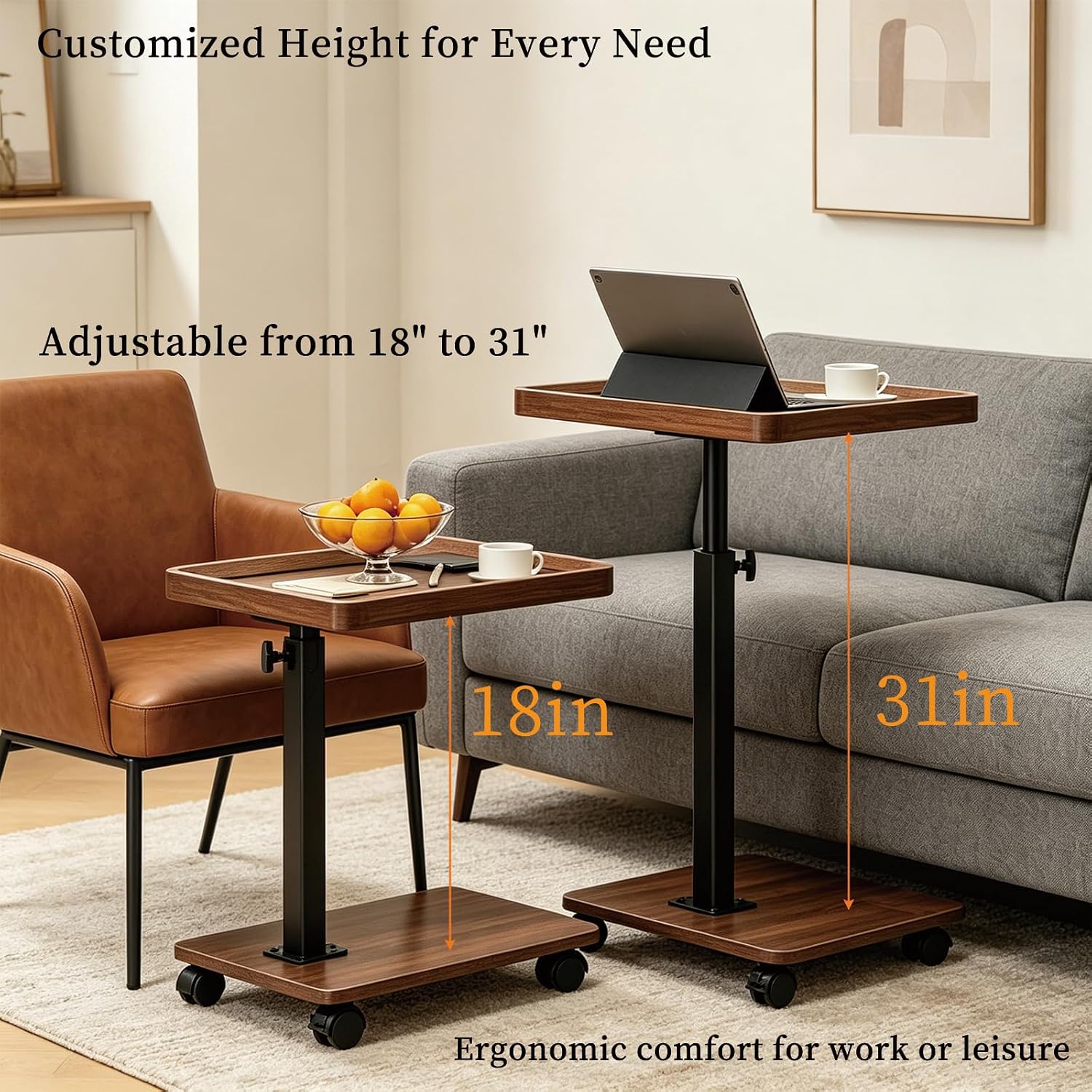 Adjustable Height Side Table with Wheels, 360° Swivel End Table