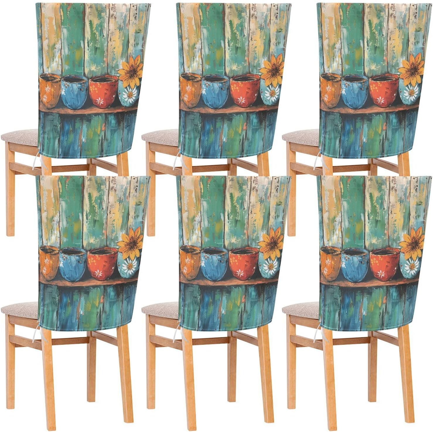 ALAZA Coffee Cups Flowers on Wooden Background Chair Back Cover Set of 6, Washable Reusable Removable Chair Slipcovers Decorative Chair Cover for Home Kitchen Wedding Party