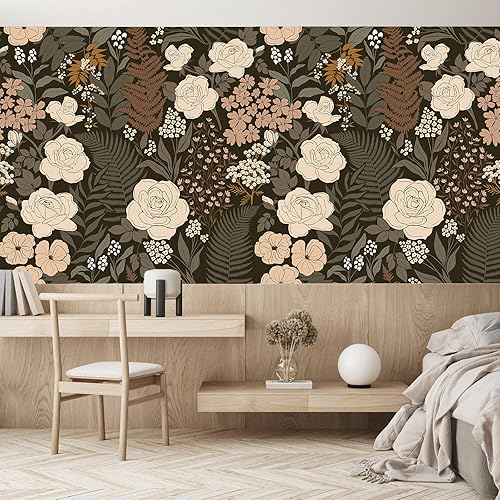 Miniatura 2 de HAOKHOME Papel tapiz autoadhesivo con diseño floral, vintage, extraíble, hoja de rosa, negro, marrónbeige, 17.7 pulgadas x 6.6 pies