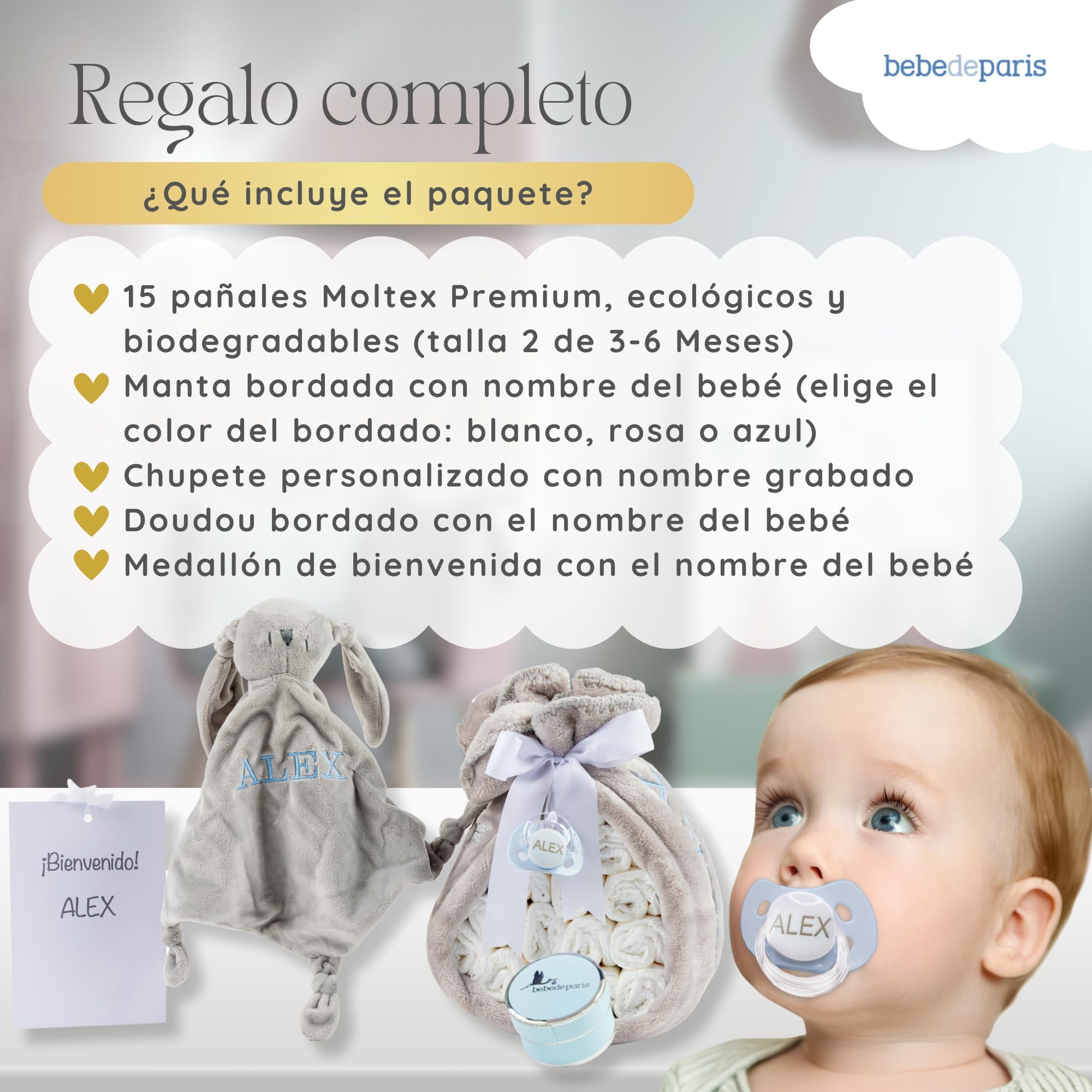 Tarta de Pañales para Recién Nacida + Manta Gris Bordada con nombre + 15 pañales Moltex Premium | ecológicos | Talla 2 (3 a 6 Meses) + Chupete Personalizado (Azul) | BebeDeParis