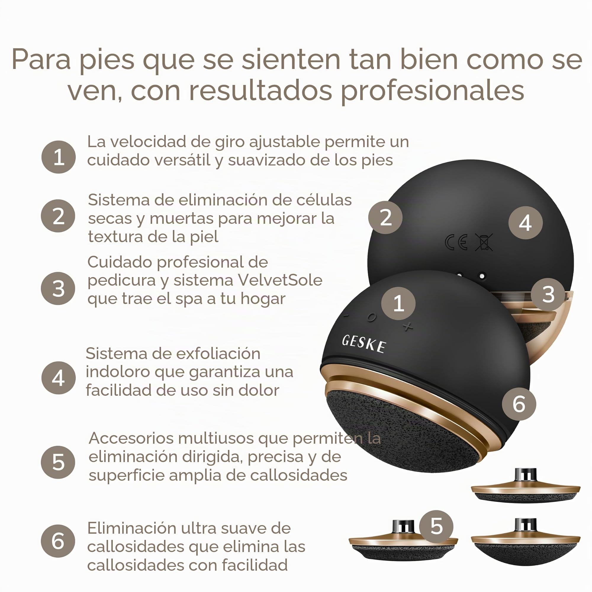 GESKE Electric Pumice Foot Smoothing Spinning Sphere 8 in 1 Lima de Pies | SmartAppGuided™ | Lima y Exfoliador Eléctrico de Pies | 3 Accesorios de Piedra Pómez | Eliminación Avanzada de Callos