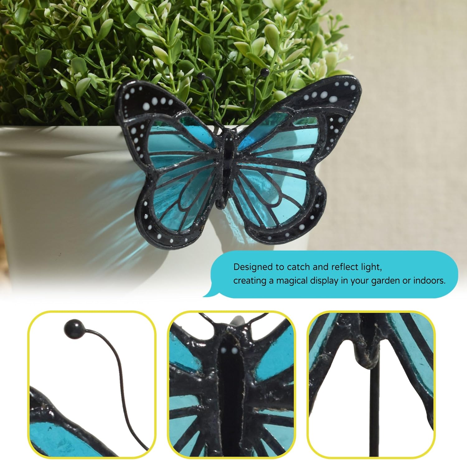 Lolitarcrafts Stained Glass Butterfly Suncatcher-Monarch or Luna Moth Design for Indoor and Outdoor Plant Decoration,Colorful Glass Plant Pot Ornament, Plant Lovers Gifts (Blue Monarch) - Image 4