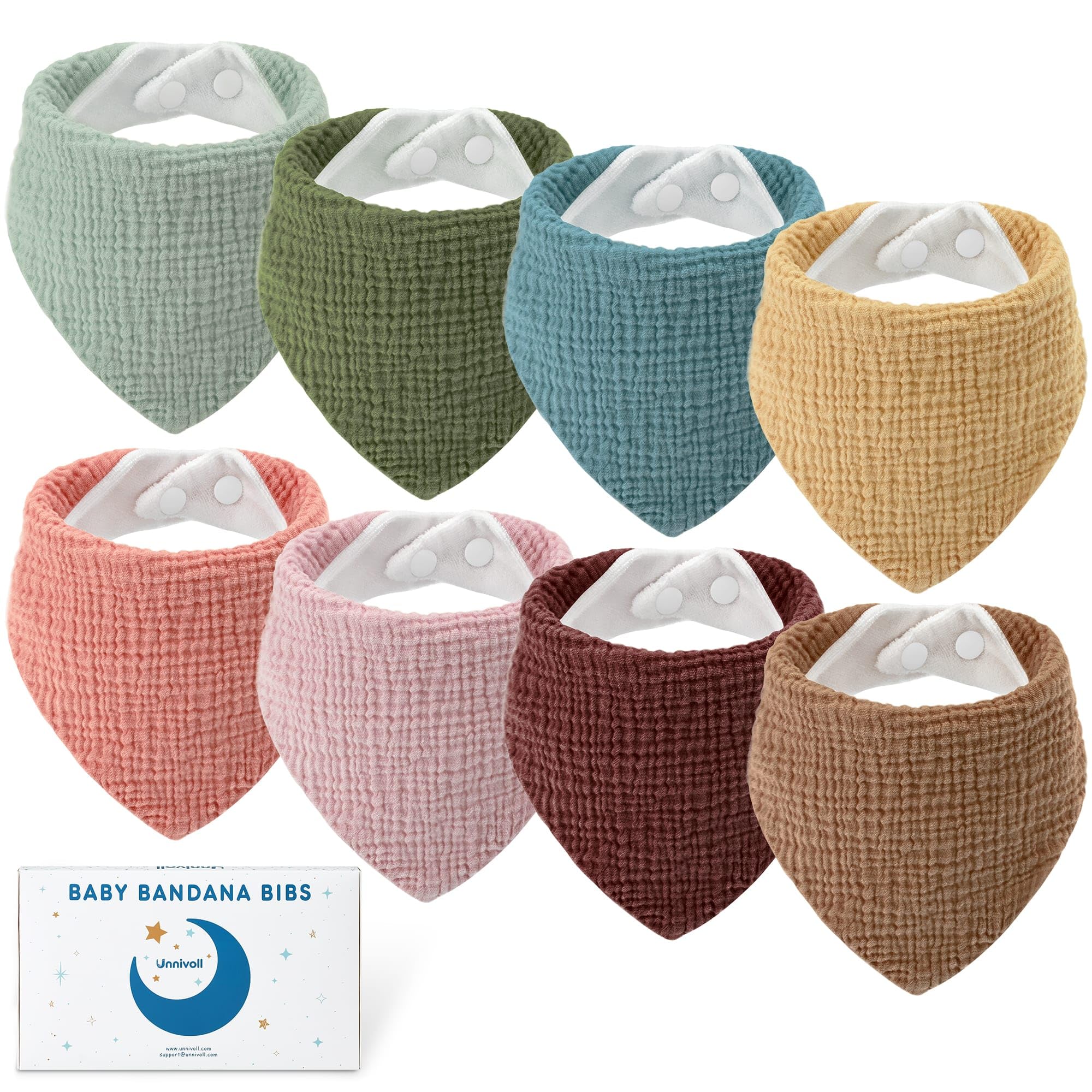 Unnivoll Muslin Baby Bibs 100% Cotton Bandana Dribble Bibs 8 Pack Baby Bib for Drooling and Teething with Adjustable Snaps, Soft and Absorbent, 0-36 Months, for Unisex Girls Boys Green Yellow Brown