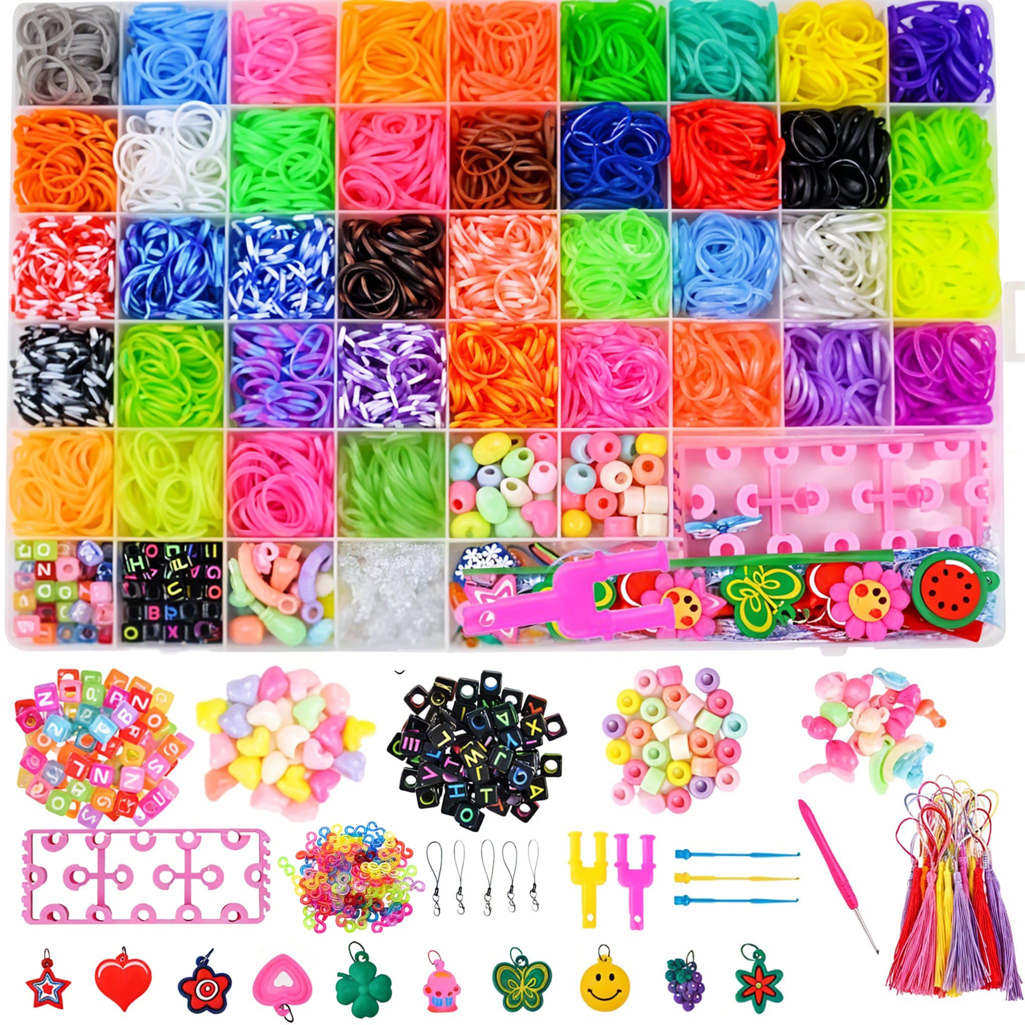 5500+ Loom Bands Kit - 40 Vibrant Colors Loom Bands – Rubber Bands Bracelet Making Kit with Alphabet Beads, S Hooks and Tools with Storage Box - DIY Arts & Crafts Gift (5500+ Loom Bands kit)