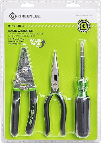 Greenlee, 0159-LBFC, kit de herramientas para electricista de 3 piezas con pelacables de acero inoxidable y crimpadora de cables, destornillador